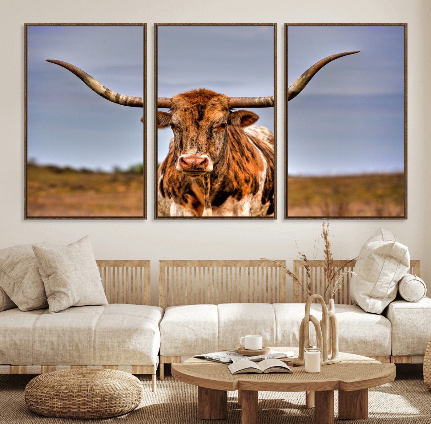 18594-MGV-FC-60X30-3P_Walnut-Texas Longhorn Wall Art Print, Framed Longhorn Cow Wall Art