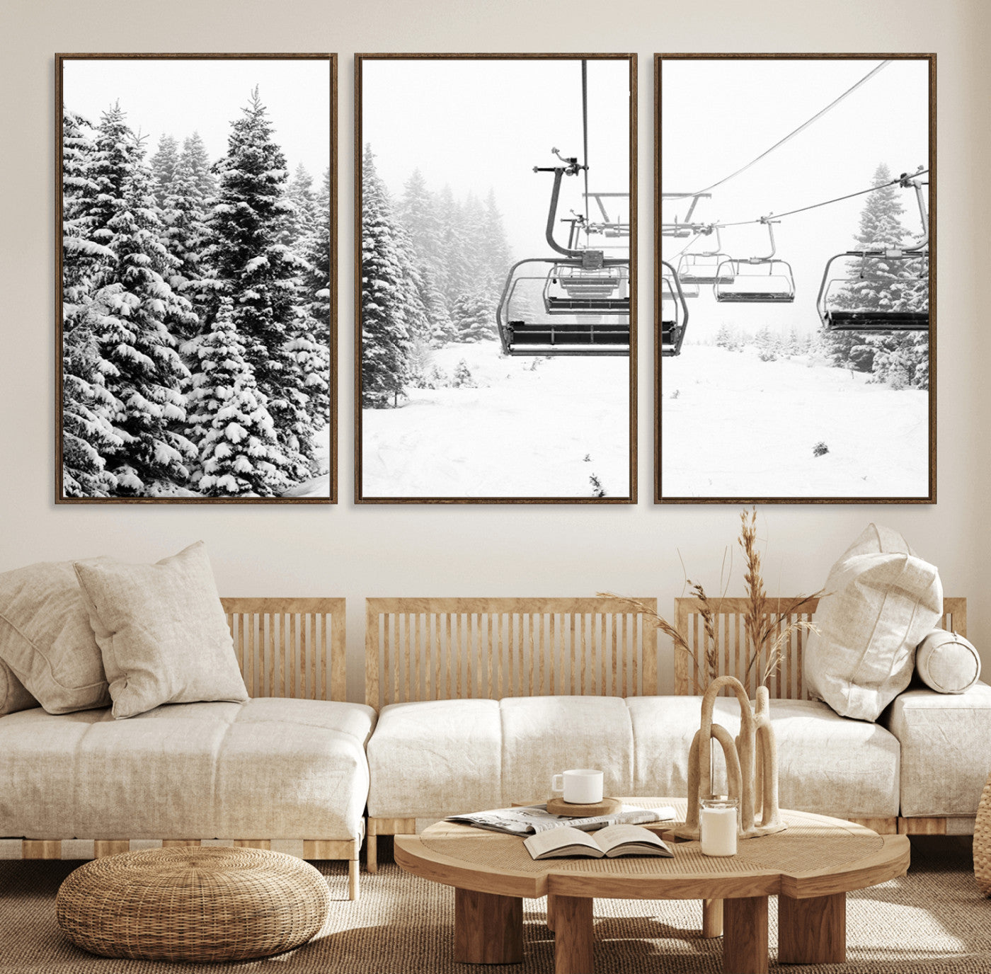 70609-MGV-FC-60X30-3P_Walnut-Winter Forest Wall Art Canvas Print – Framed Snowy Mountain Scene with Ski Lift Landscape Artwork for Home, Office Decor