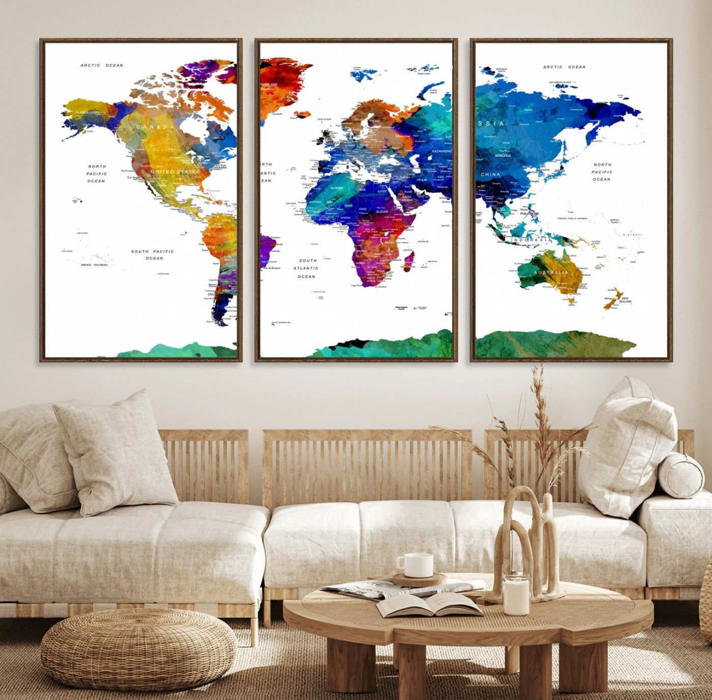 48979-MGV-FC-60X30-3P_Walnut-Colorful Watercolor World Map Canvas Print – Vibrant Framed Travel Map Wall Art, Modern Decor for Living Room or Office