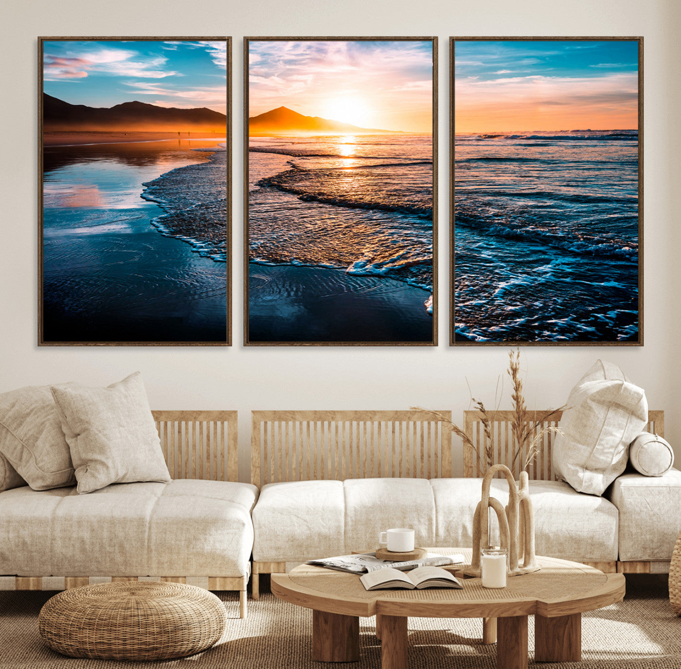 26494-MGV-FC-60X30-3P_Walnut-Sunset Beach Ocean Canvas Wall Art – Tranquil Ocean Reflections at Dusk – Ready to Hang