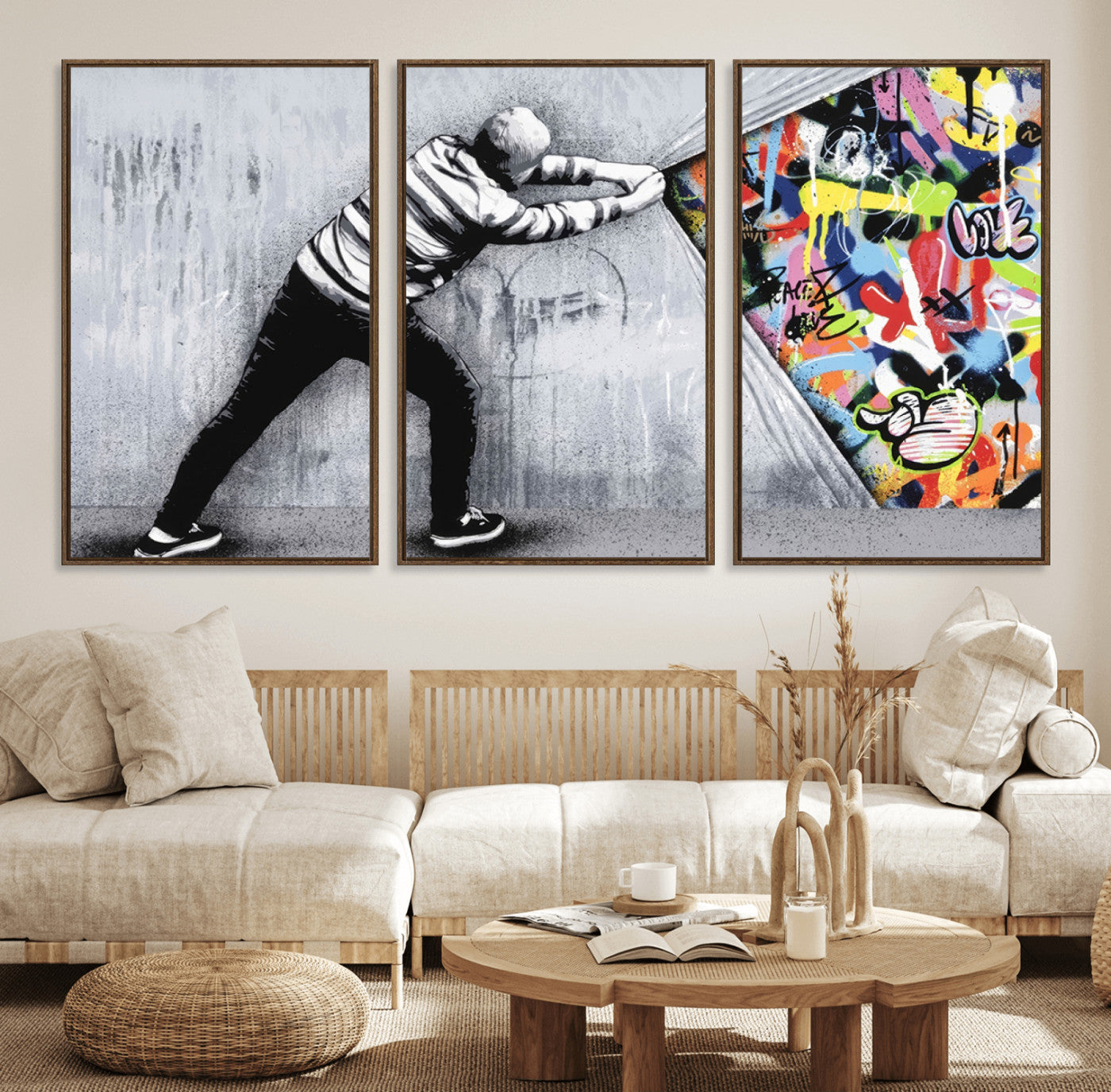 52252-MGV-FC-60X30-3P_Walnut-Banksy Art Behind the Curtain Street Wall Art Canvas Print | 3-Panel Urban Graffiti-Inspired Wall