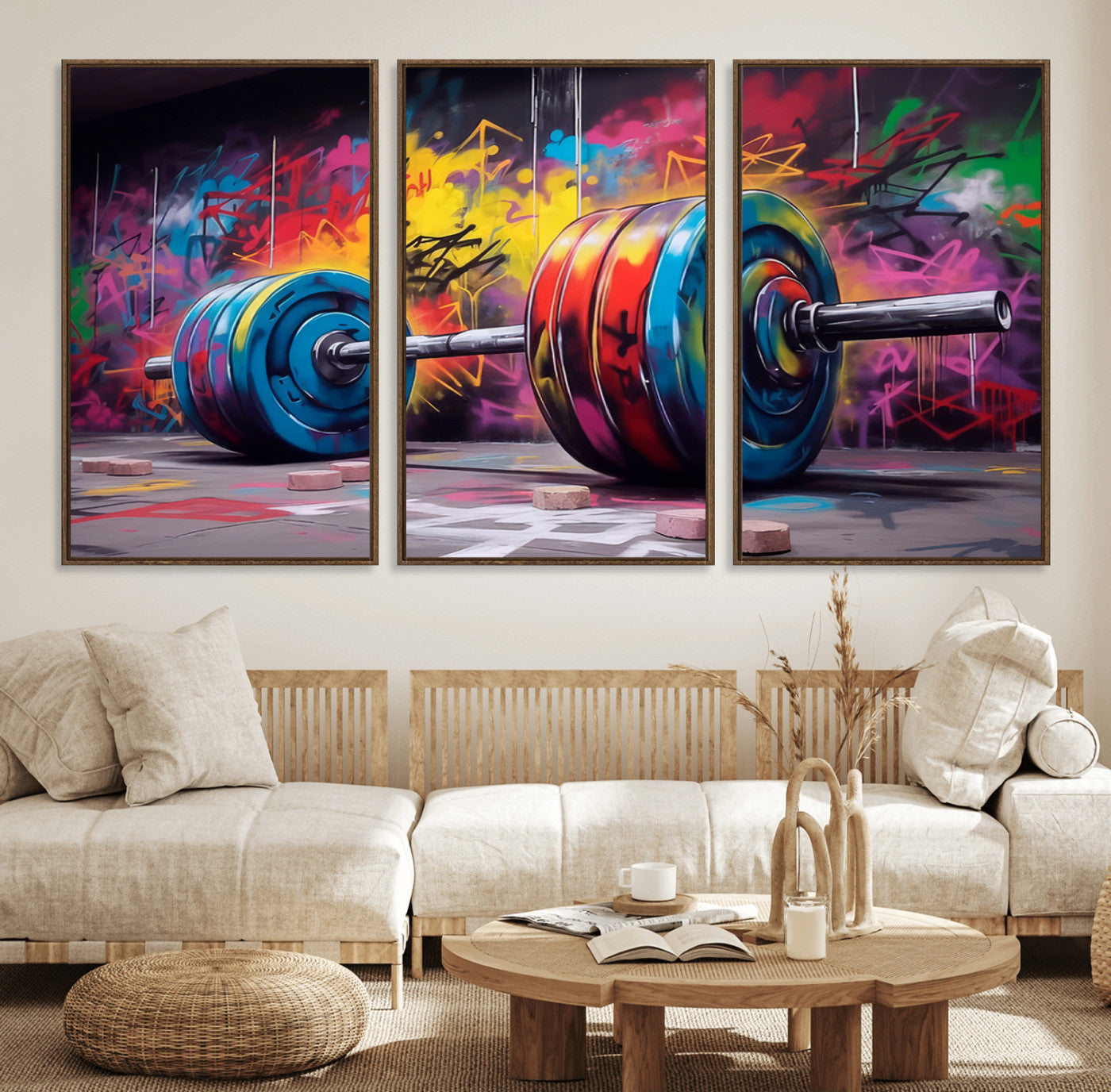13549-MGV-FC-60X30-3P_Walnut-Abstract Graffiti Barbell Canvas Wall Art – Urban Fitness Meets Bold Street Art Print - Gym Wall Art