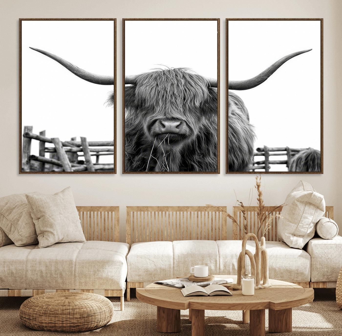 58188-MGV-FC-60X30-3P_Walnut-Longhorn Canvas Print, Bighorn Cow Wall Art Canvas Print