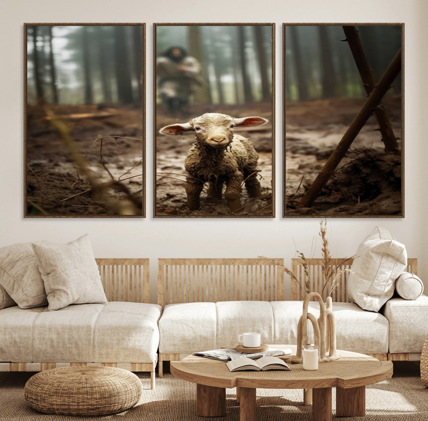 49996-MGV-FC-60X30-3P_Walnut-Jesus Lost Lamb Canvas Wall Art – Heartwarming Woodland Scene – Ready to Hang - Christian Religion