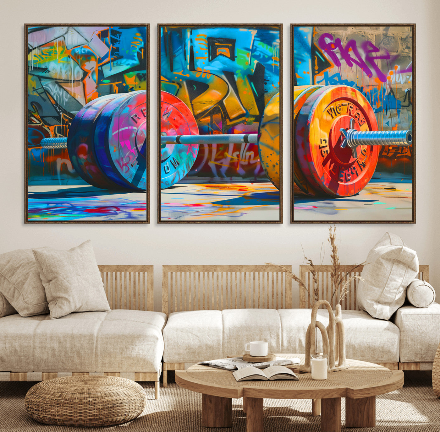 70871-MGV-FC-60X30-3P_Walnut-Fitness Gym Barbell Graffiti Wall Art Canvas Print