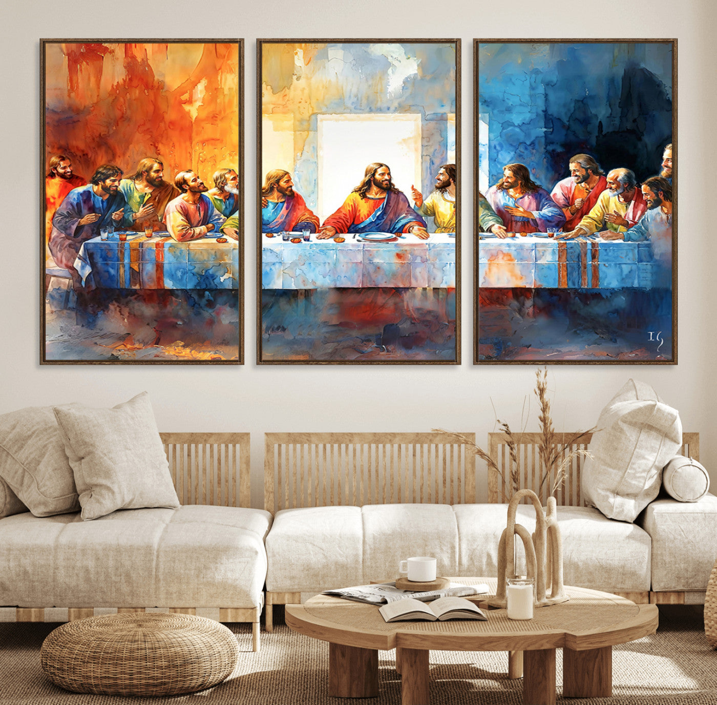 30929-MGV-FC-60X30-3P_Walnut-Abstract Watercolor The Last Supper Wall Art