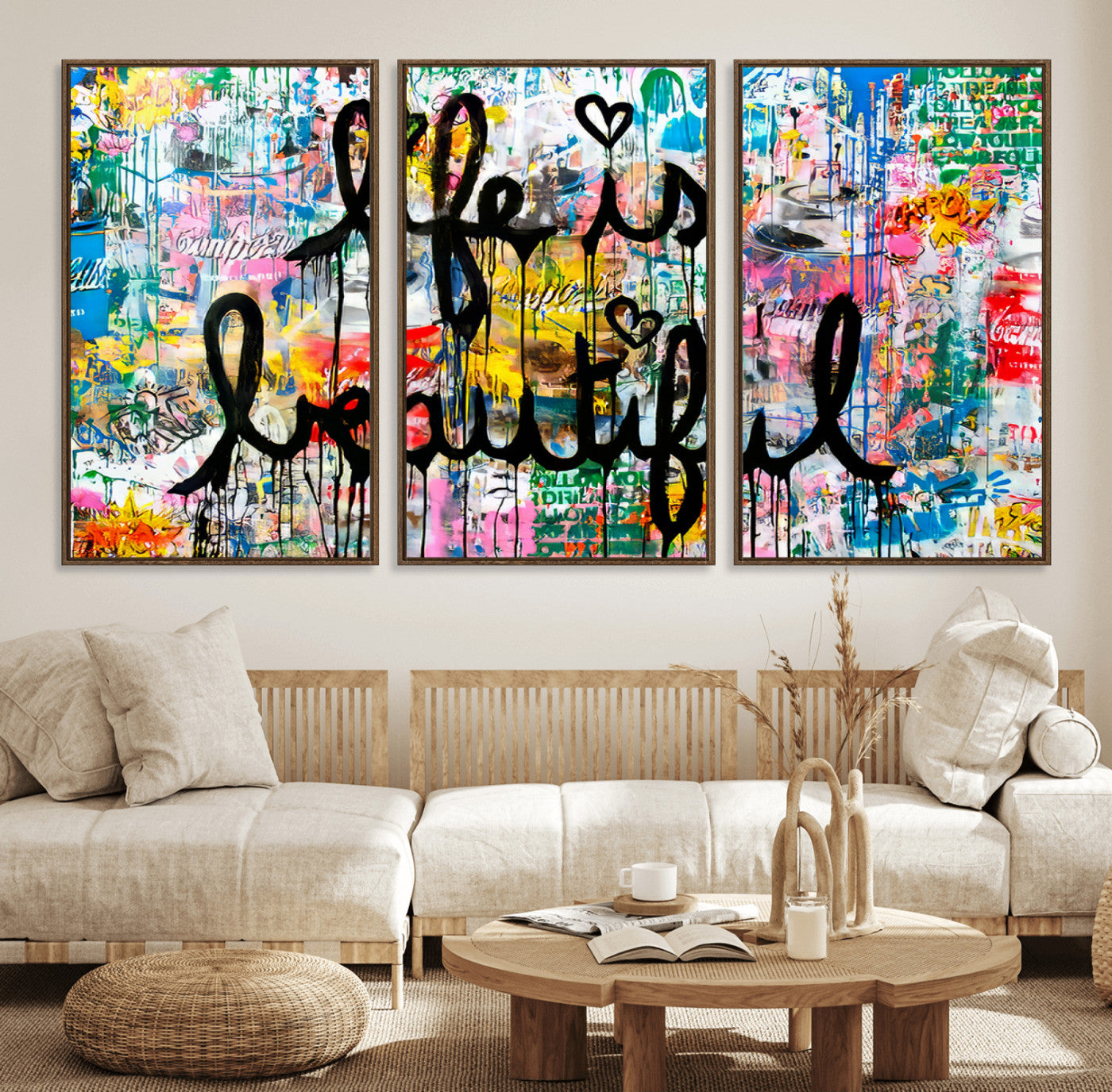 MGV-FC-60X30-3P - Life Beautiful Art Print - Banksy Graffiti Wall Art Canvas Print | Graffiti Wall Art Canvas Print