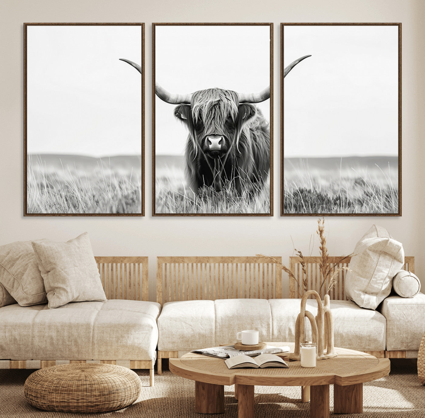 58751-MGV-FC-60X30-3P_Walnut-Highland Cow Canvas Wall Art – Majestic Beauty in Black and White