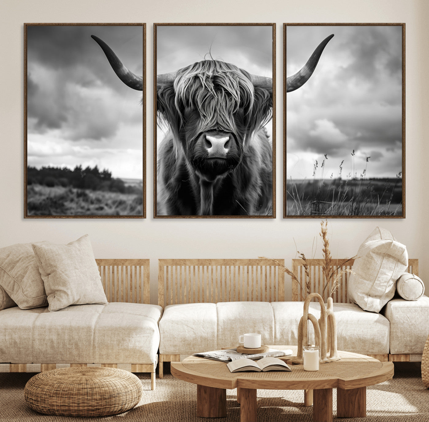 17924-MGV-FC-60X30-3P_Walnut-Scottish Cow Wall Art Canvas Print | Longhorn Wall Art | Bighorn Animal Wall Art
