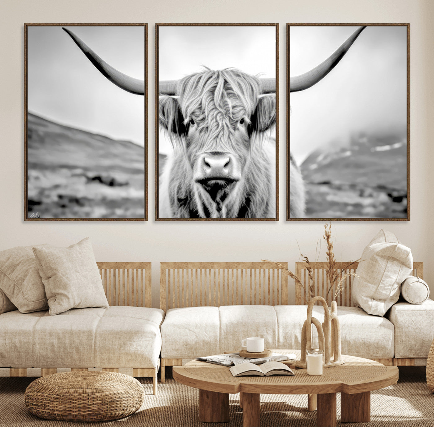 80564-MGV-FC-60X30-3P_Walnut-Scottish Cow Wall Art Canvas Print