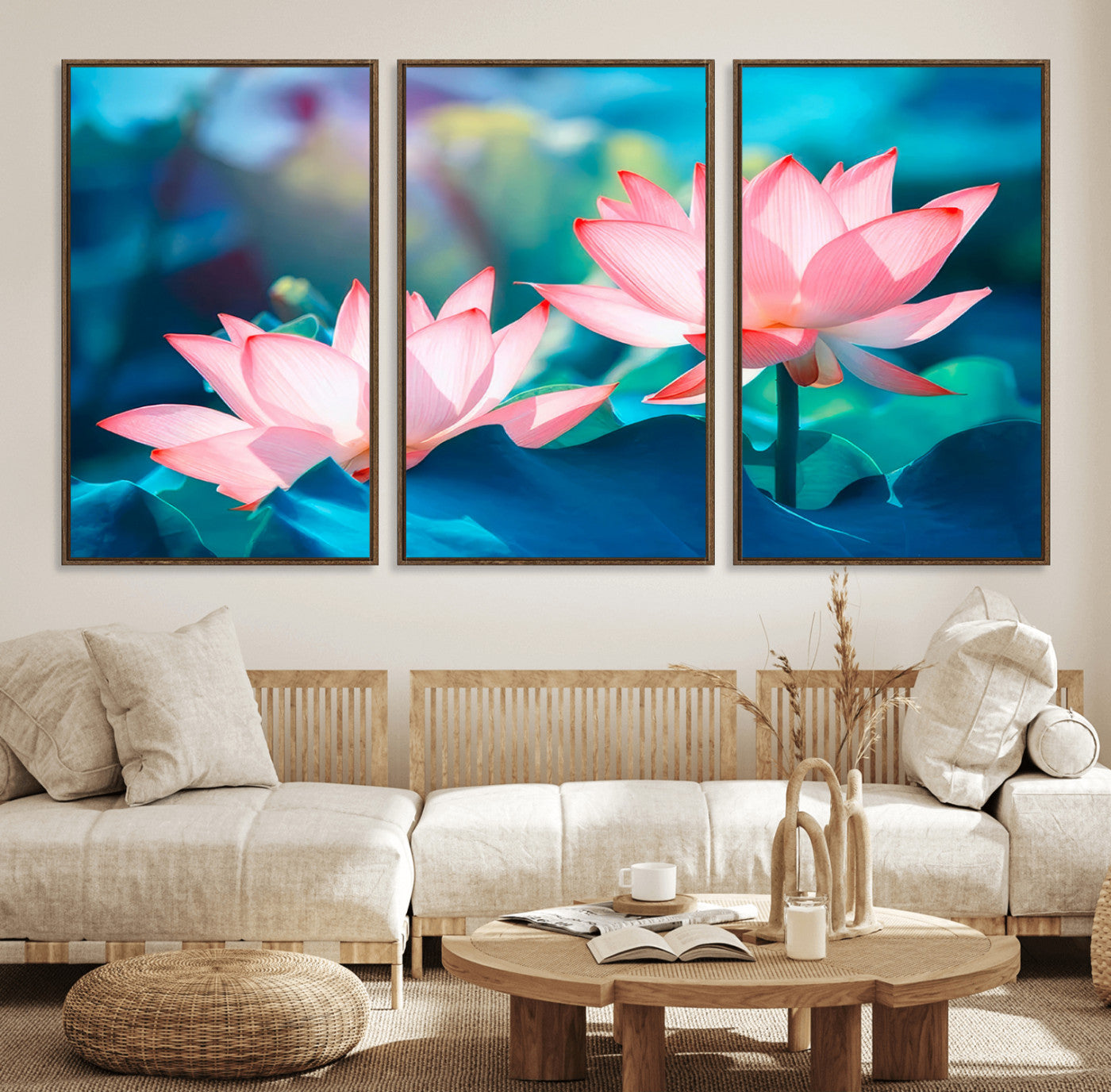 MGV-FC-60X30-3P - Pink Lotus Flower Canvas Wall Art | Vibrant Floral Wall Decor for Living Room, Office, or Bedroom | Large Botanical Art