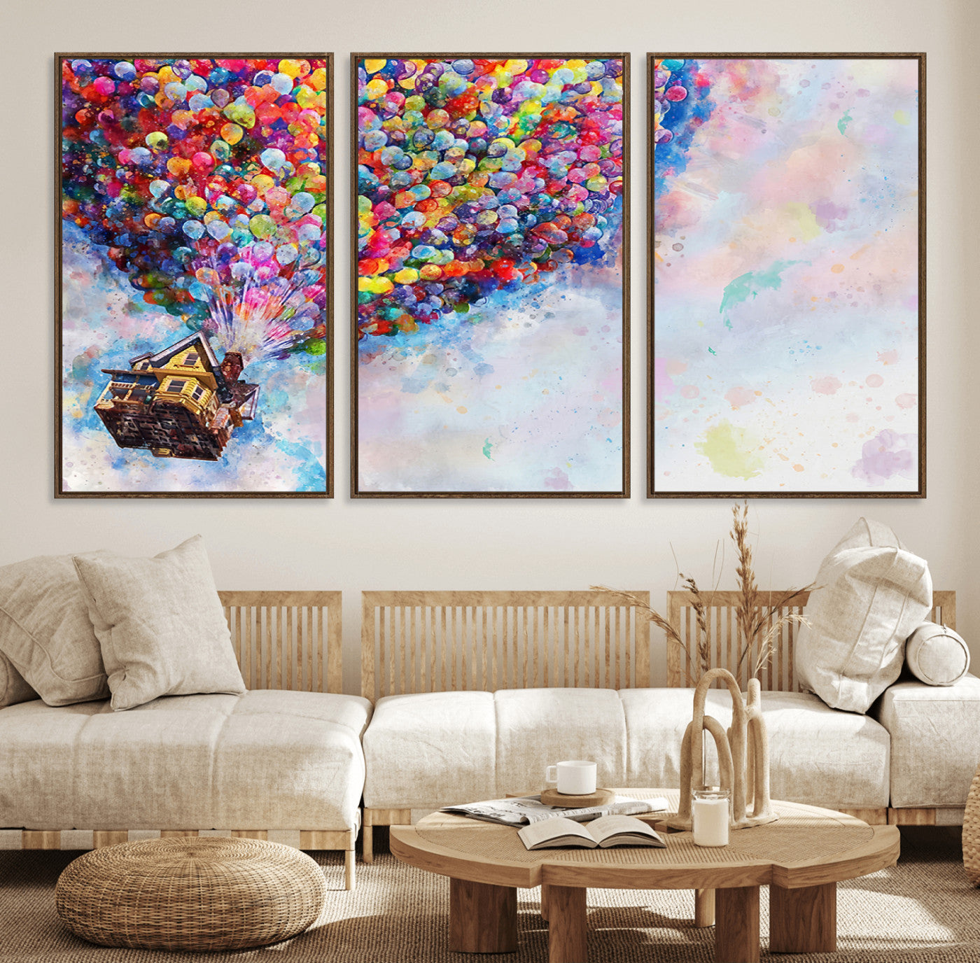 29167-MGV-FC-60X30-3P_Walnut-Don't Look Up Movie Canvas Wall Art - Vibrant Floating House and Balloons Scene, Tribute to Iconic