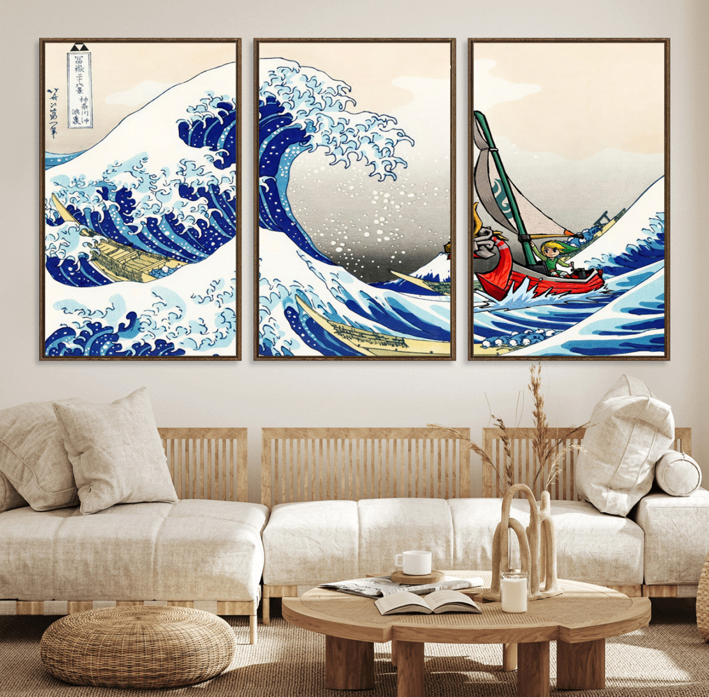 19450-MGV-FC-60X30-3P_Walnut-Katsushika Hokusai Kanagawa Giant Wave Wall Art Canvas Print | Iconic Japanese Art for Living Room