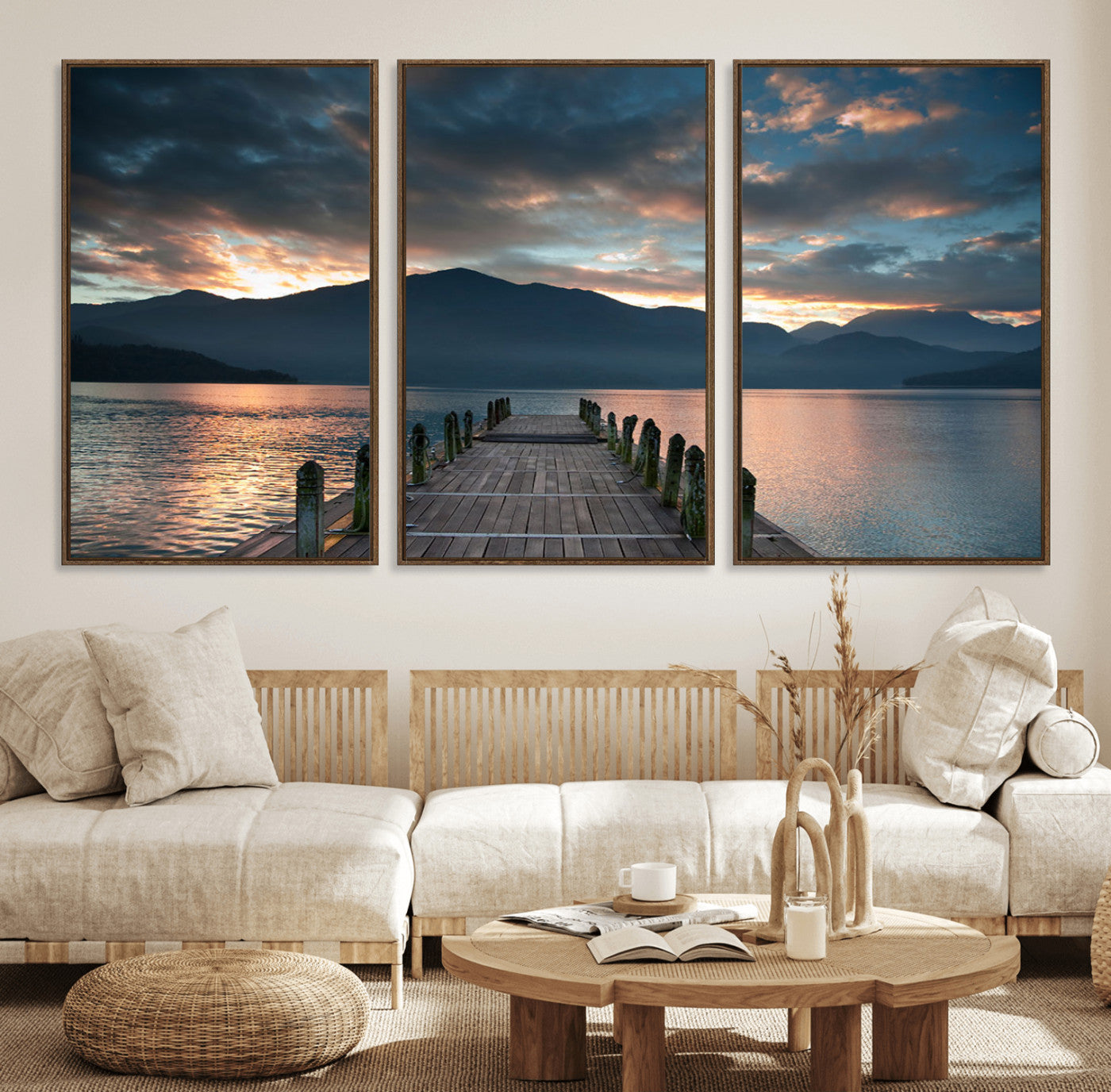 20442-MGV-FC-60X30-3P_Walnut-Mountain Lake Wood Pier Canvas Wall Art Nature Lake Print