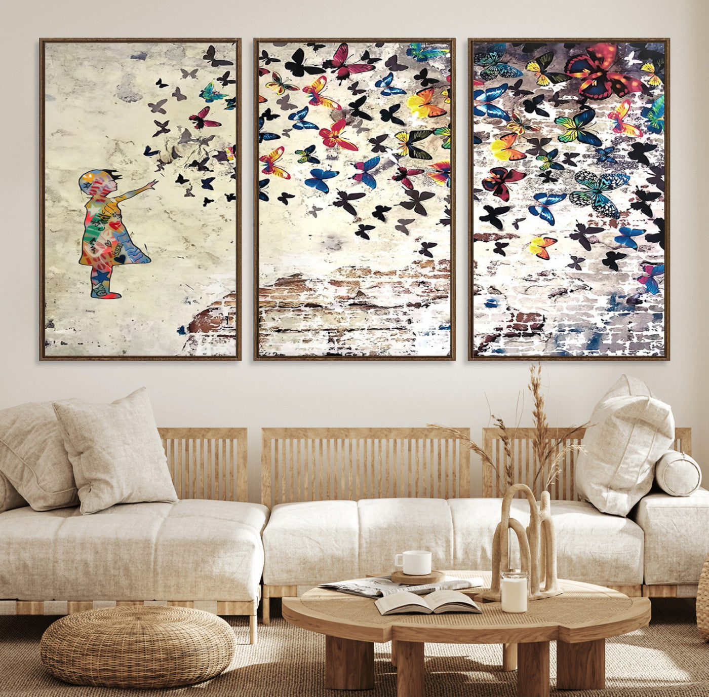 65208-MGV-FC-60X30-3P_Walnut-Banksy Wall Art - Banksy Girl Butterfly Graffiti Wall Art Canvas Print - Butterfly Girl and Freedom