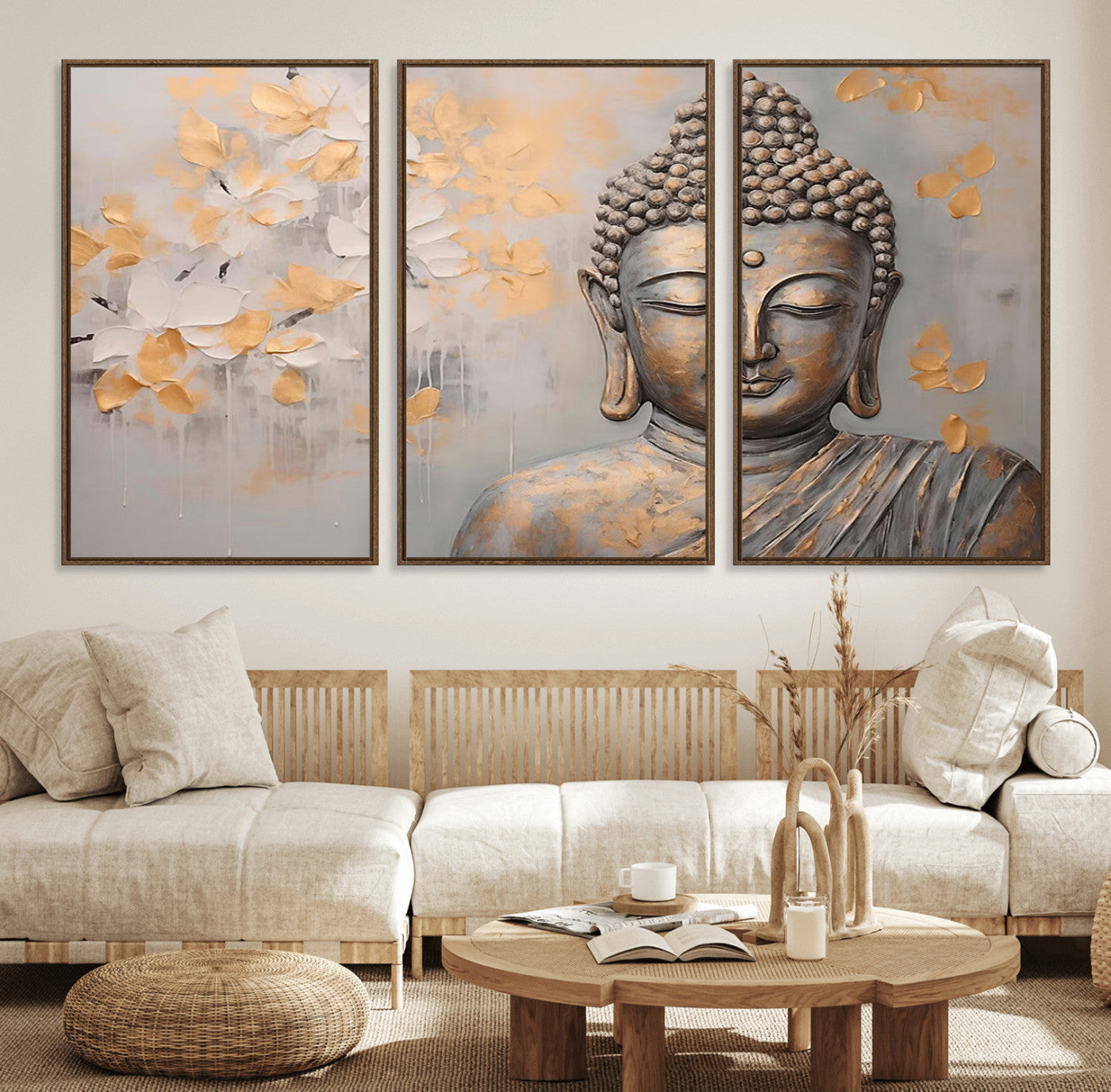 19919-MGV-FC-60X30-3P_Walnut-Abstract Buddha Statue Wall Art Canvas Print - Modern Meditation Decor for Living Room, Office, Yoga