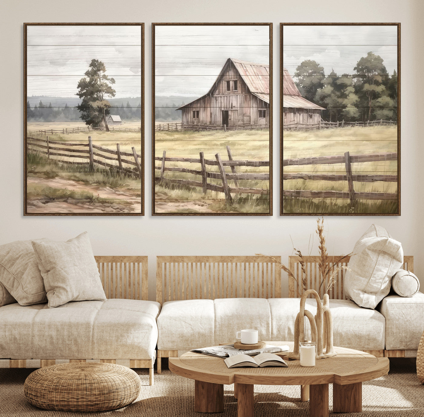 87489-MGV-FC-60X30-3P_Walnut-Rustic Farmhouse Barn Wall Art | 3-Panel Framed Gallery Wrap Giclee Canvas Print for Living Room,