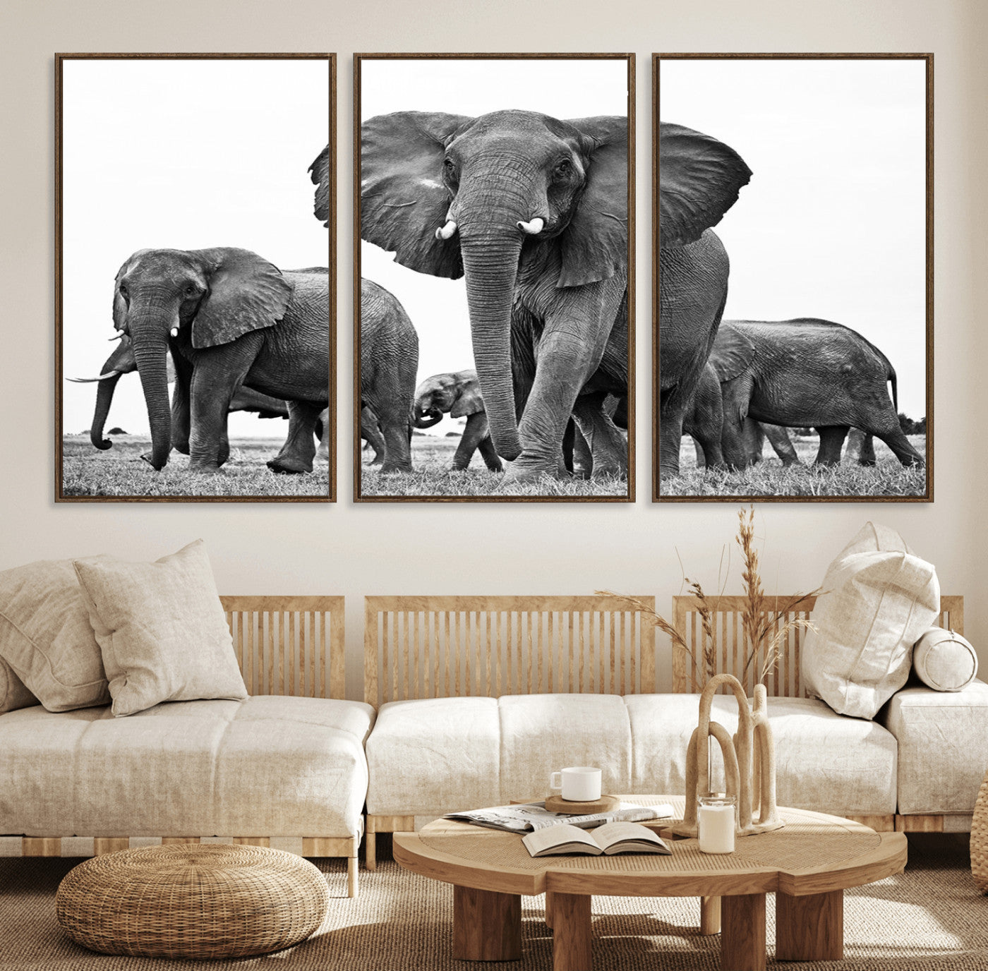 91685-MGV-FC-60X30-3P_Walnut-Black White Elephant Family Wall Art Canvas Print