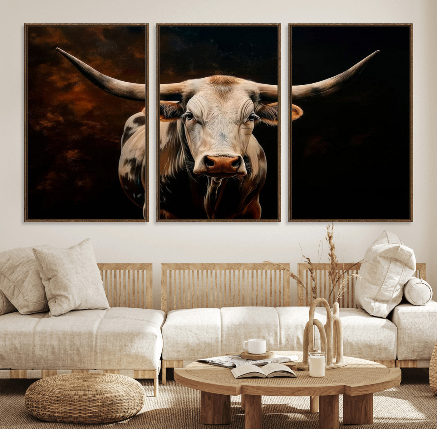70522-MGV-FC-60X30-3P_Walnut-Texas Longhorn Wall Art | 3-Panel Large Texas Longhorn Canvas Print for Living Room, Office, or