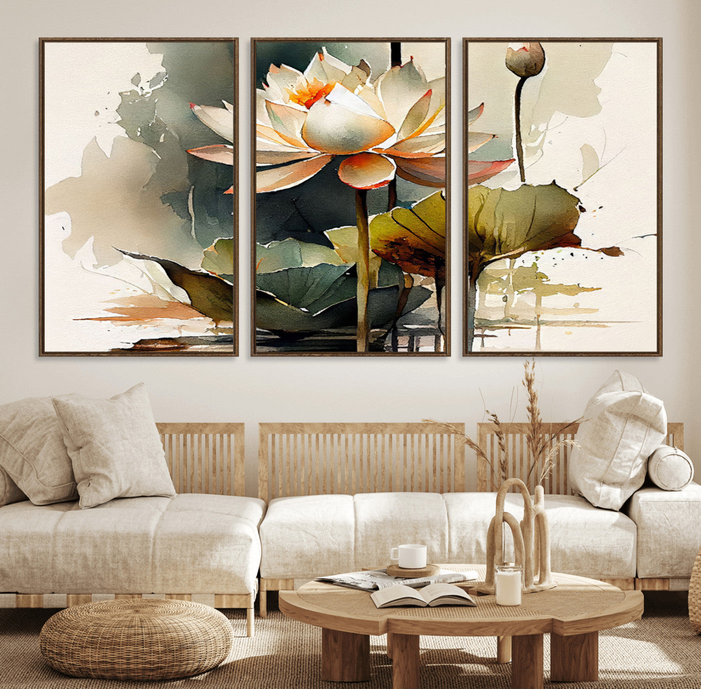 62531-MGV-FC-60X30-3P_Walnut-Lotus Flower Watercolor Canvas Print – A Symbol of Serenity and Growth, Captured in Soft Watercolors