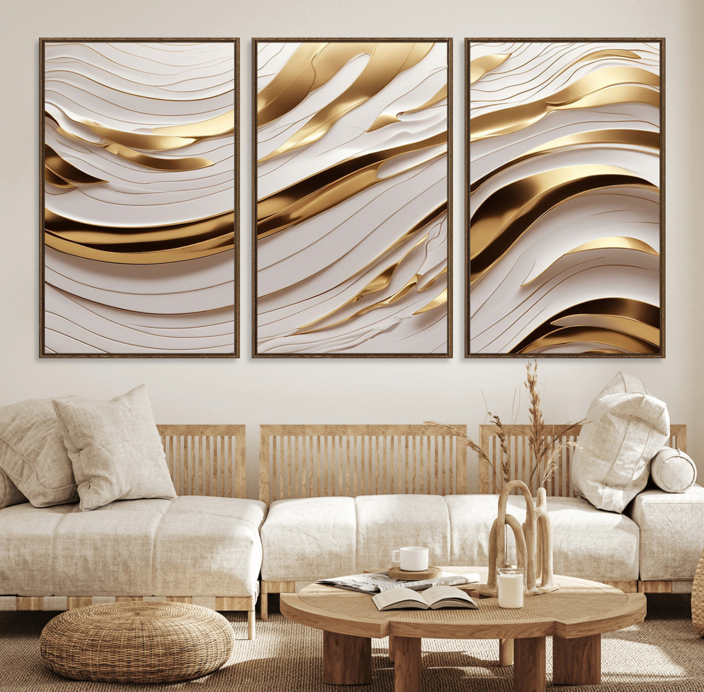 81197-MGV-FC-60X30-3P_Walnut-Gold and White Abstract Wave Canvas – Elegant Flowing Design with Luxurious Golden Accents –