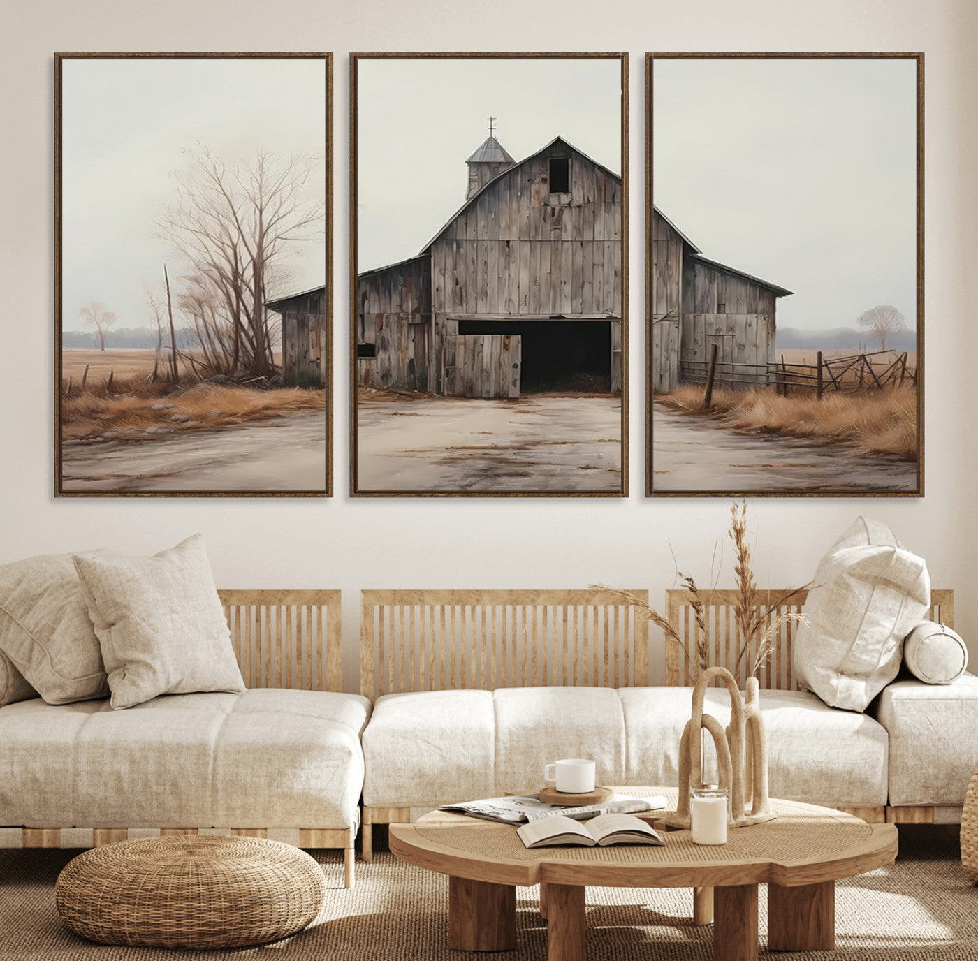 11602-MGV-FC-60X30-3P_Walnut-Farmhouse Rustic Barn Wall Art Canvas Print – Framed and Ready to Hang – Perfect Addition to