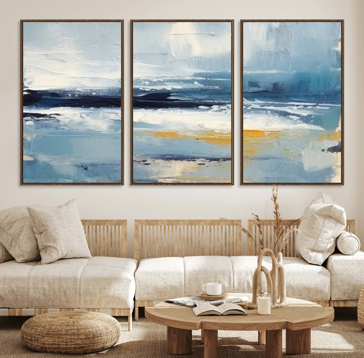 MGV-FC-60X30-3P - Abstract Ocean Canvas Wall Art - Coastal Blue and Gold Textured Painting, Modern Seascape Decor for Living Room Decor