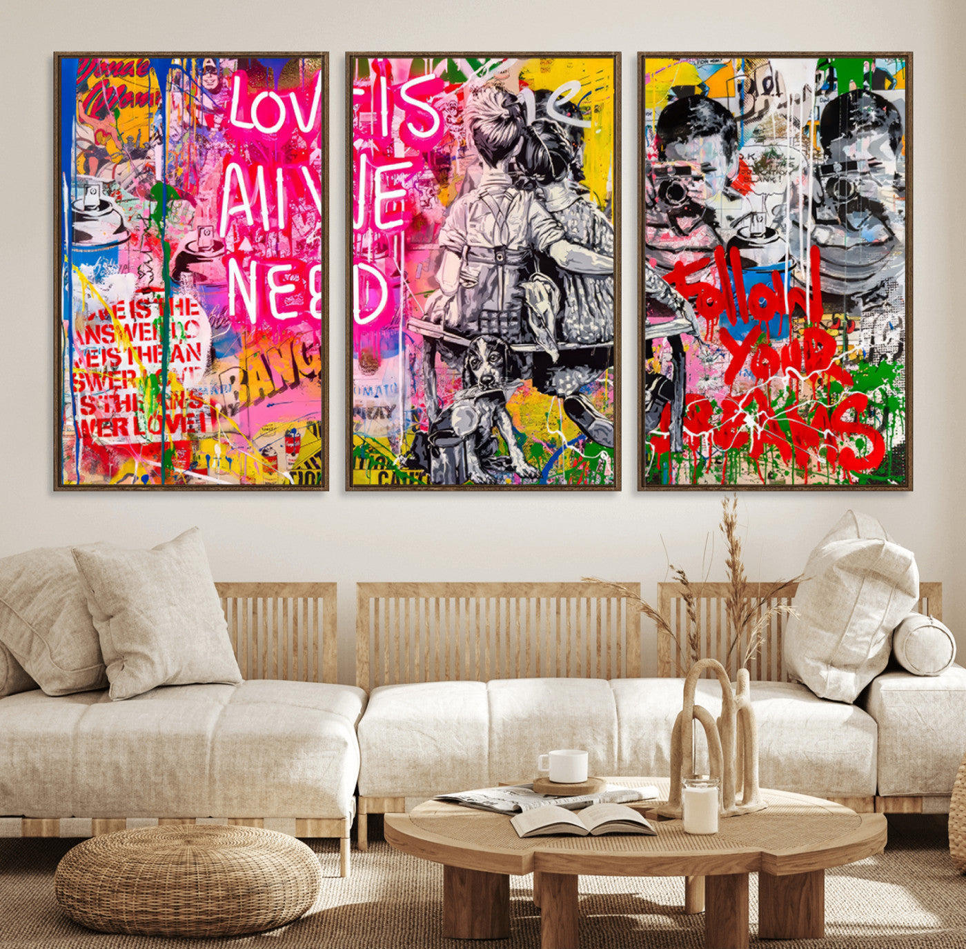 MGV-FC-60X30-3P - Follow Your Dreams & Love is All We Need Graffiti Street Art Triptych | Colorful Urban Wall Art