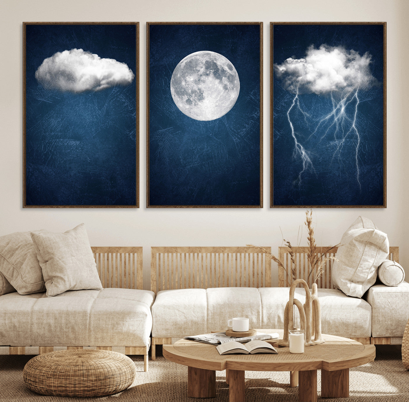 96569-MGV-FC-60X30-3P_Walnut-Dark Blue Cloud Art, 3 Piece Indigo Blue Wall Art, Aesthetic Surreal Art, Thunderstorm Moon Cloud