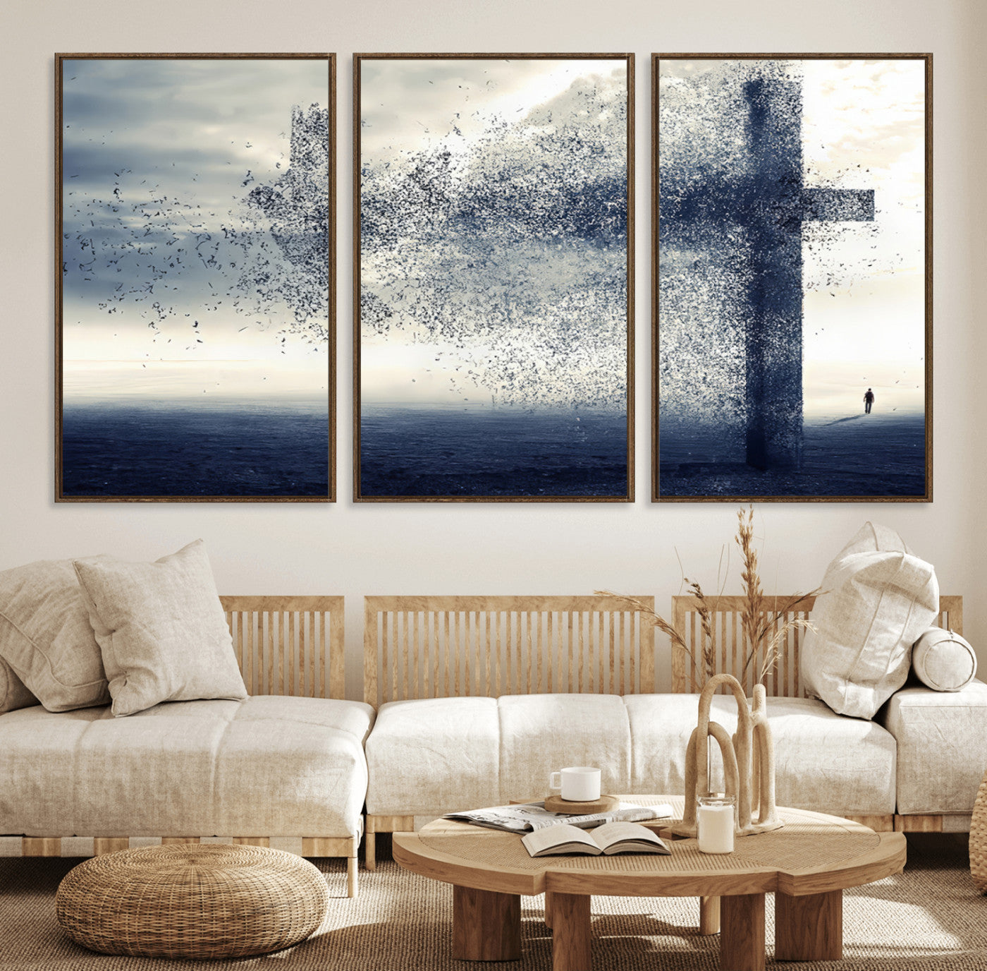 55718-MGV-FC-60X30-3P_Walnut-Jesus and the Fading Cross Wall Art Print – Symbol of Faith, Christian Wall Art Canvas Print, Framed