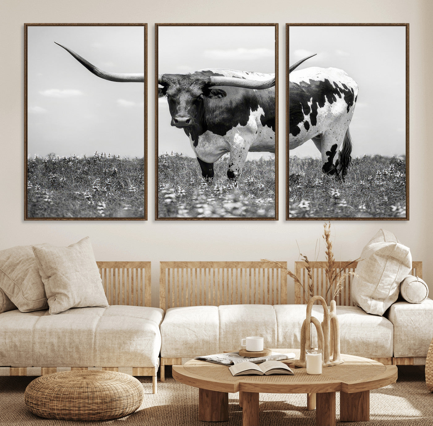 94709-MGV-FC-60X30-3P_Walnut-Texas Black White Highland Longhorn Cow Wall Art Canvas Print