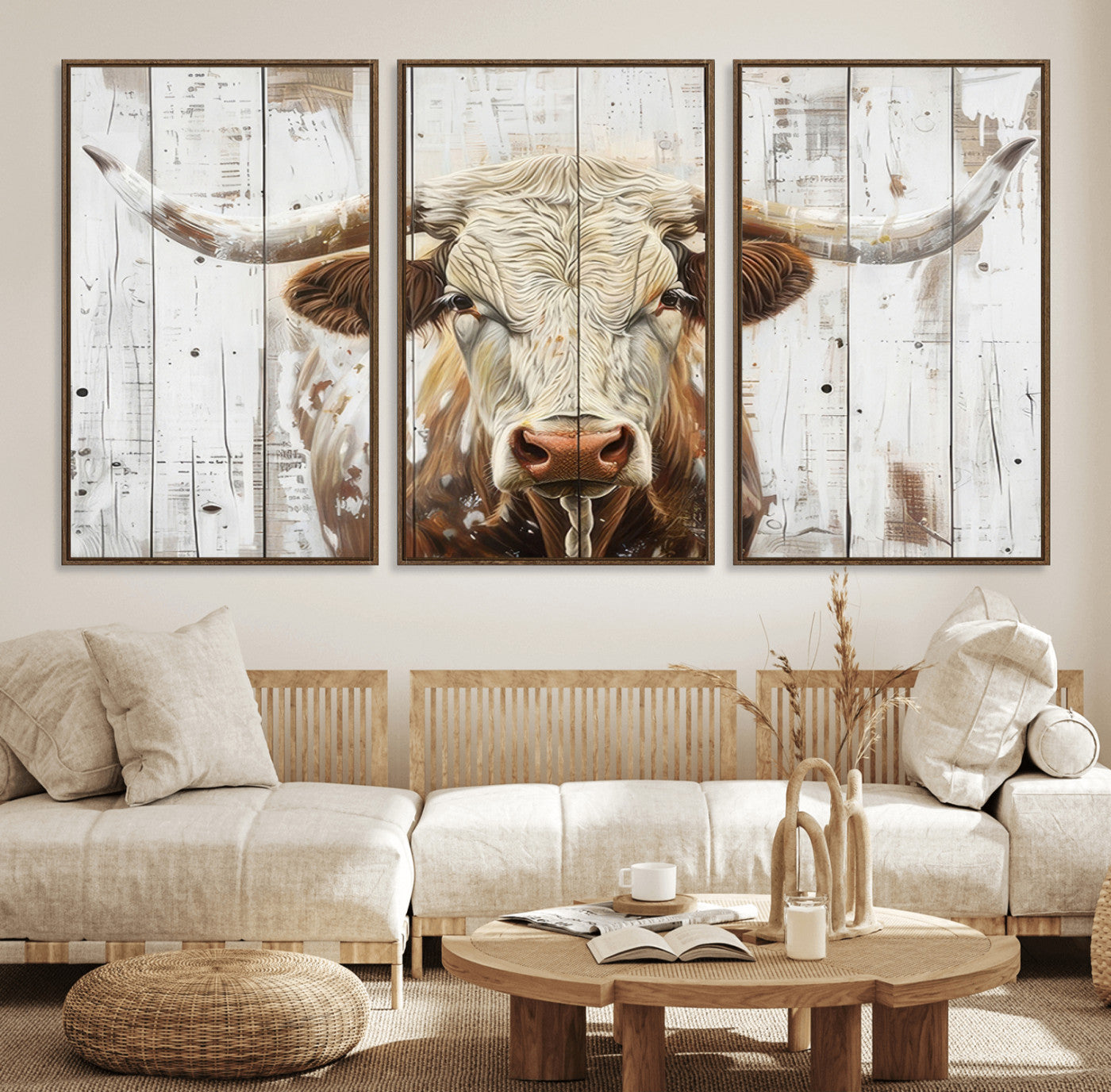 71551-MGV-FC-60X30-3P_Walnut-Rustic Longhorn Bull Wall Art Canvas Set – Western-Inspired Farmhouse Décor - Ready to Hang