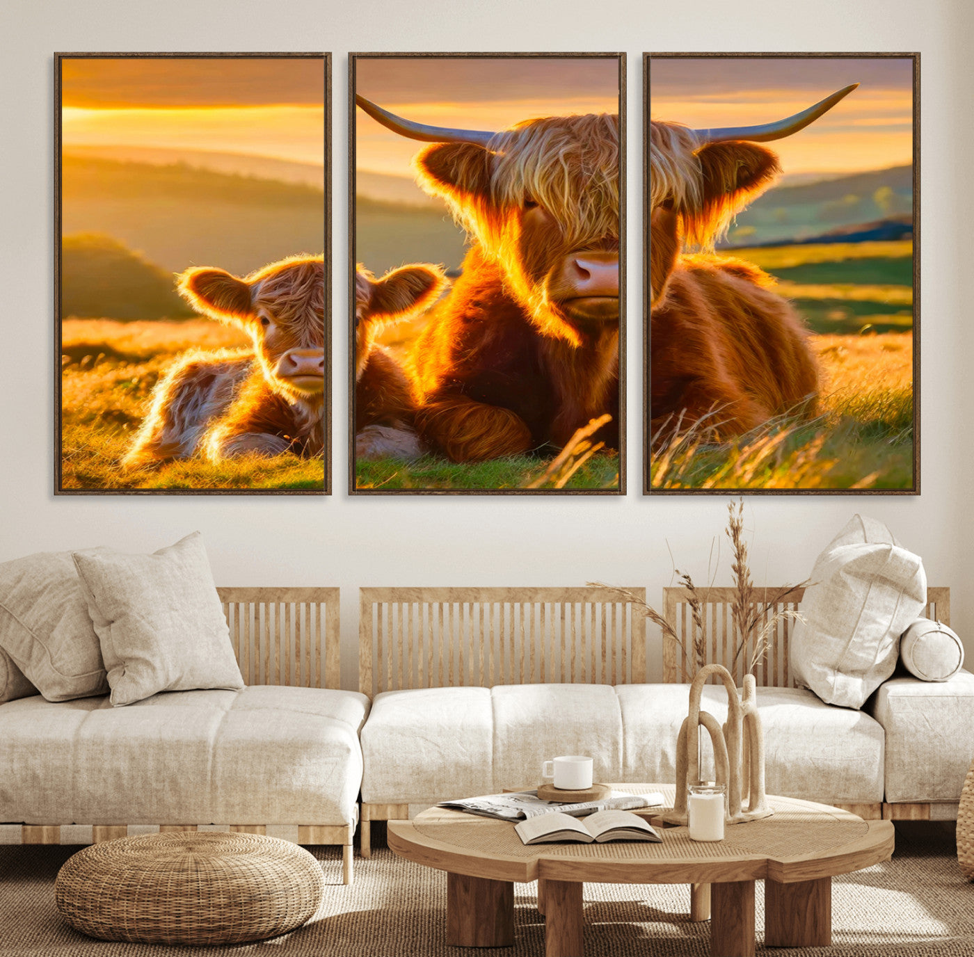 20567-MGV-FC-60X30-3P_Walnut-Scottish Cow and Baby Cow Canvas Wall Art Animal Print Fluffy Cattle Framed Farmhouse Decor