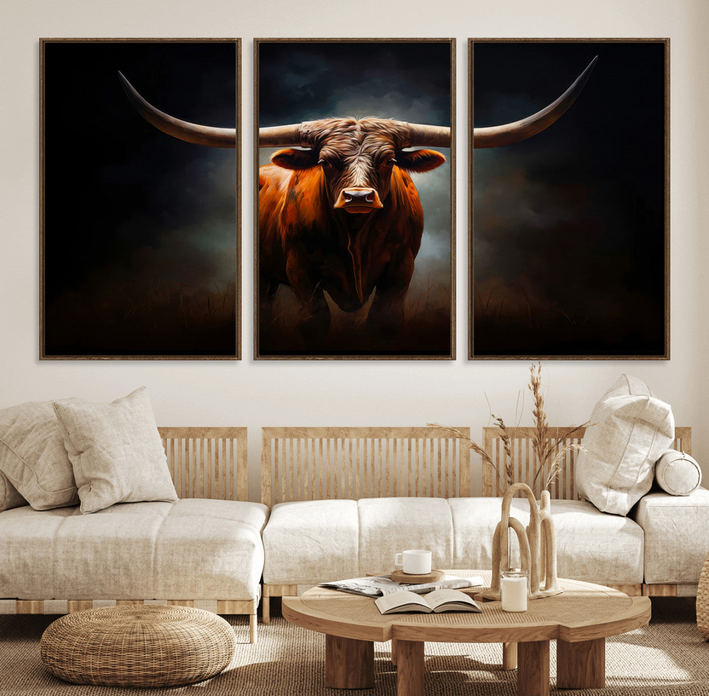 48896-MGV-FC-60X30-3P_Walnut-Abstract Texas Longhorn Wall Art Print | 3-Panel Large Texas Longhorn Canvas Print for Living Room,