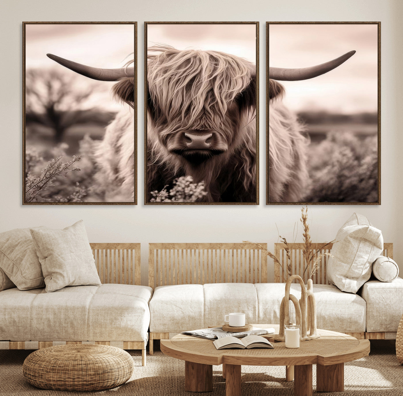 55903-MGV-FC-60X30-3P_Walnut-Scottish Cow Longhorn Wall Art Canvas Print
