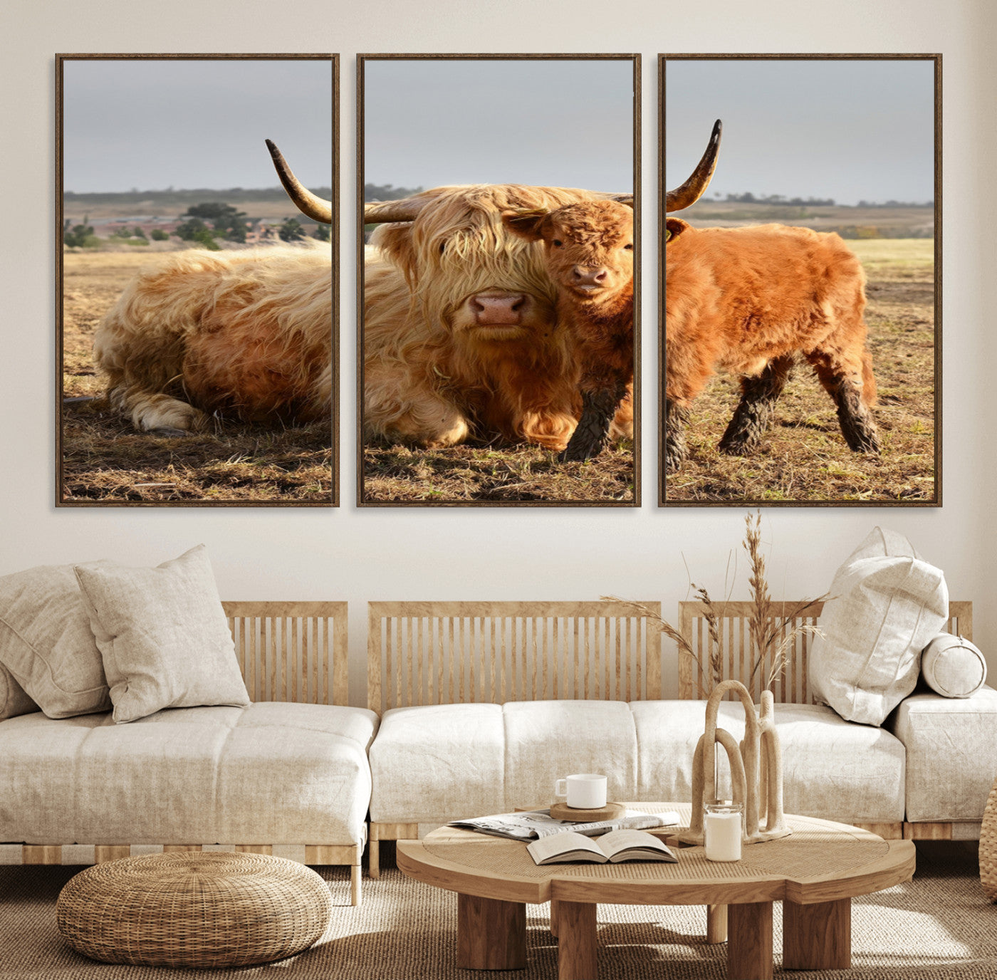 53461-MGV-FC-60X30-3P_Walnut-Highland Cow Canvas Wall Art Animal Print for Farm House Decor