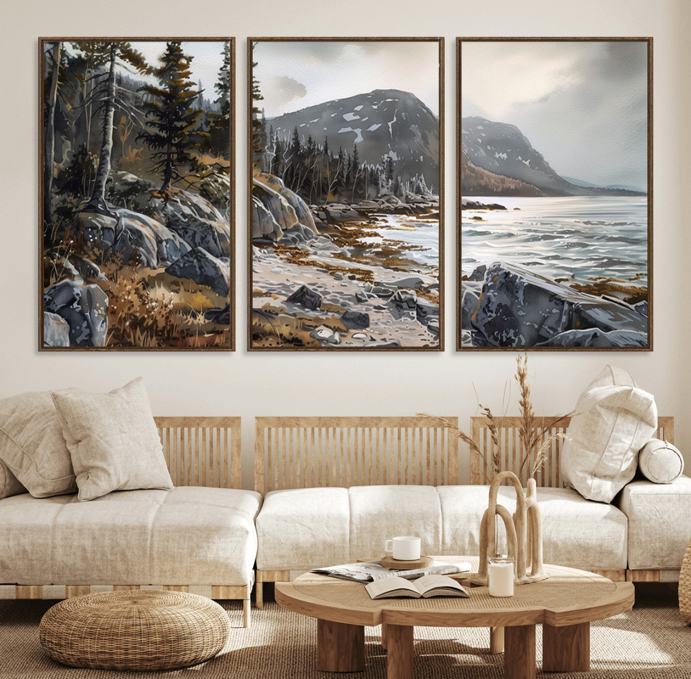 41281-MGV-FC-60X30-3P_Walnut-Serene Coastal View of Acadia National Park - Stunning 3-Panel Wall Art Canvas Print, Framed, Ready