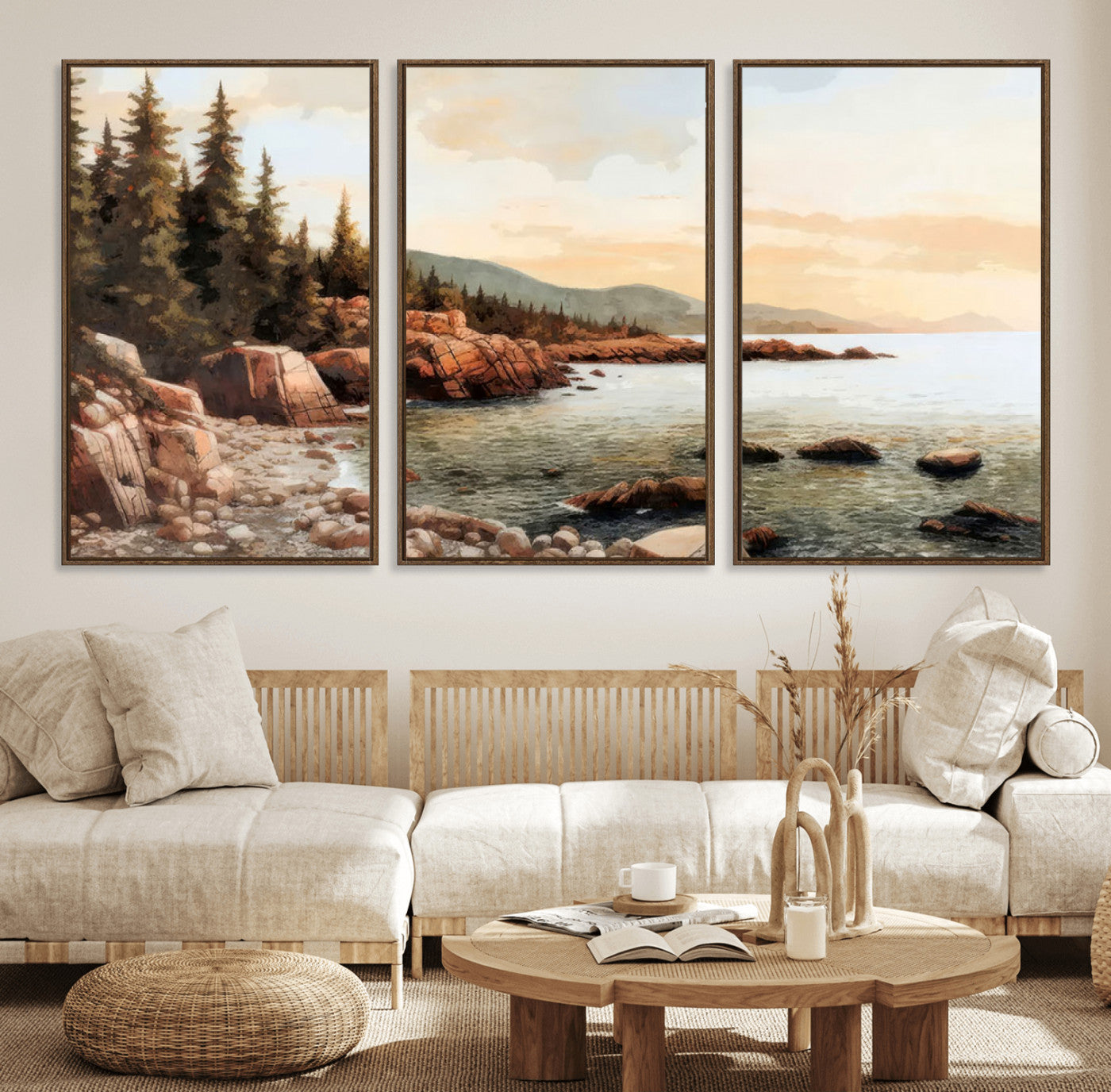 MGV-FC-60X30-3P - Serene Coastal View of Acadia National Park Wall Art - Stunning 3-Panel Wall Art Canvas Print,