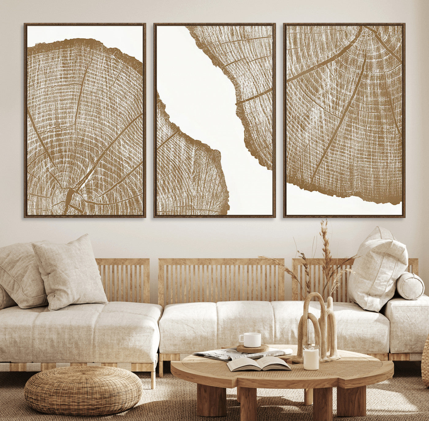 99692-MGV-FC-60X30-3P_Walnut-Rustic Brown Tree Ring Wall Art Canvas Print – Framed and Ready to Hang – Elegant Nature-Inspired