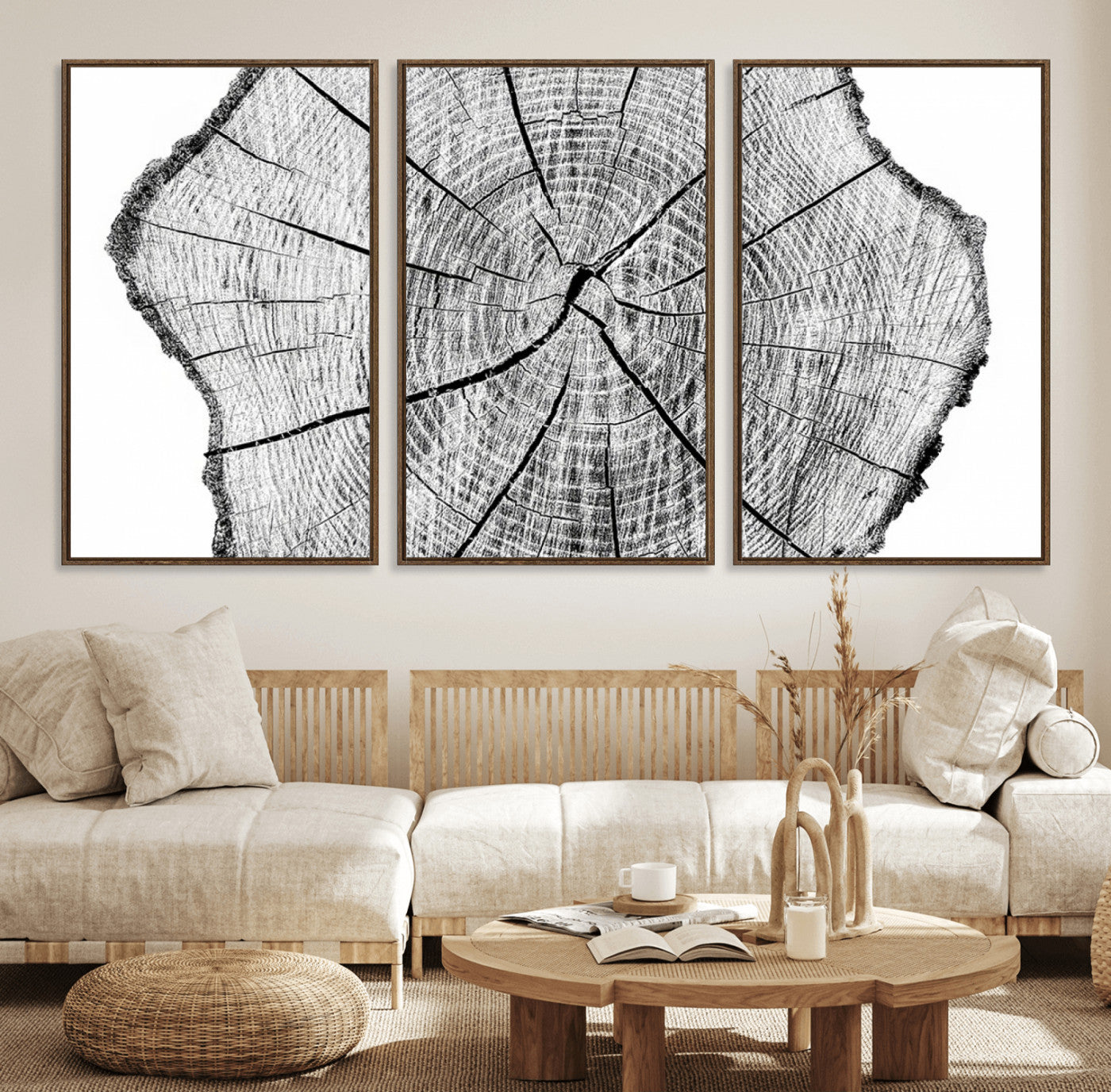 98709-MGV-FC-60X30-3P_Walnut-Rustic Tree Ring Wall Art Canvas Print – Framed and Ready to Hang – Perfect for Nature-Inspired and