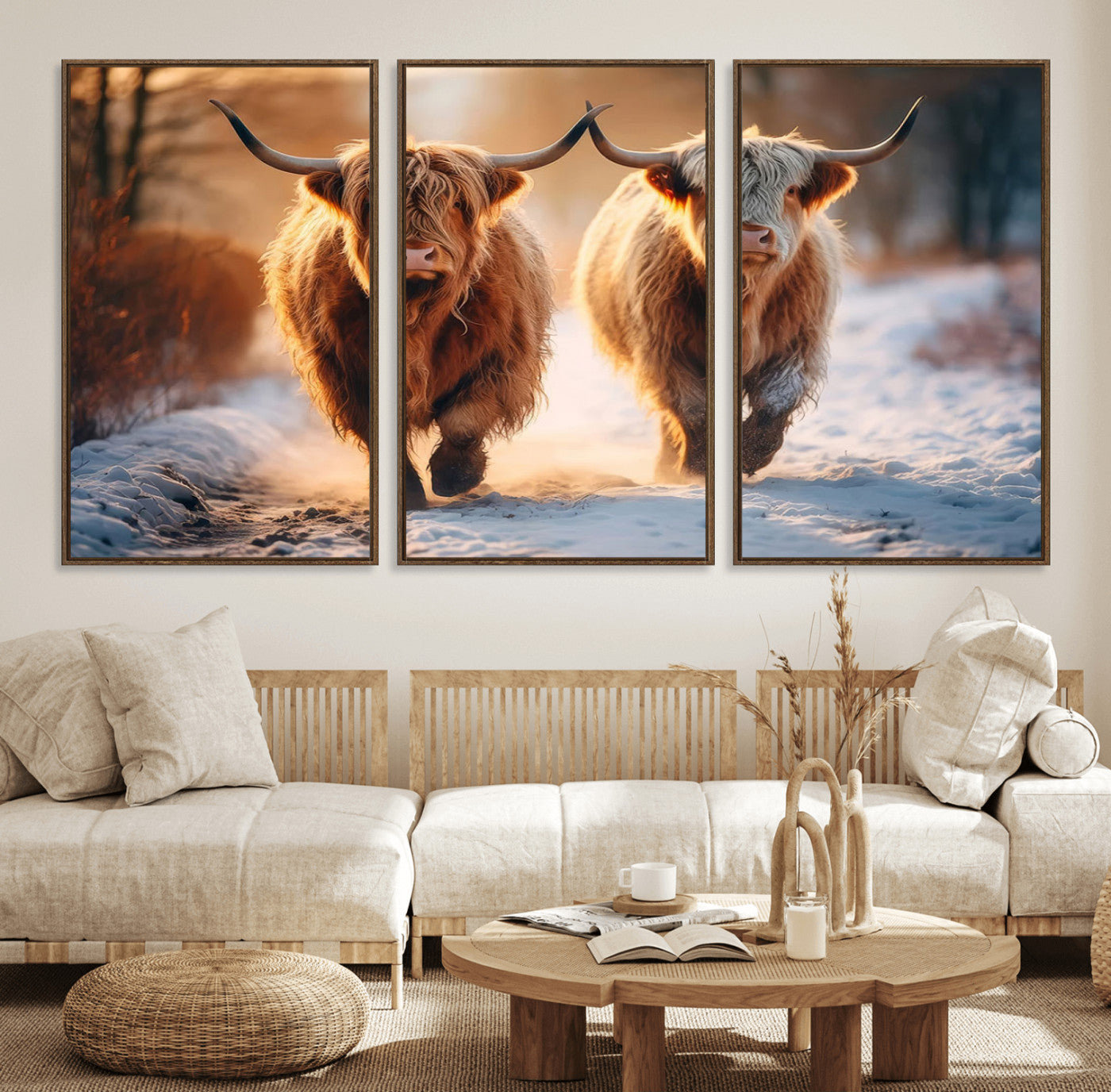 94810-MGV-FC-60X30-3P_Walnut-Scottish Highland Cow Horn Farm Wall Art Canvas Print
