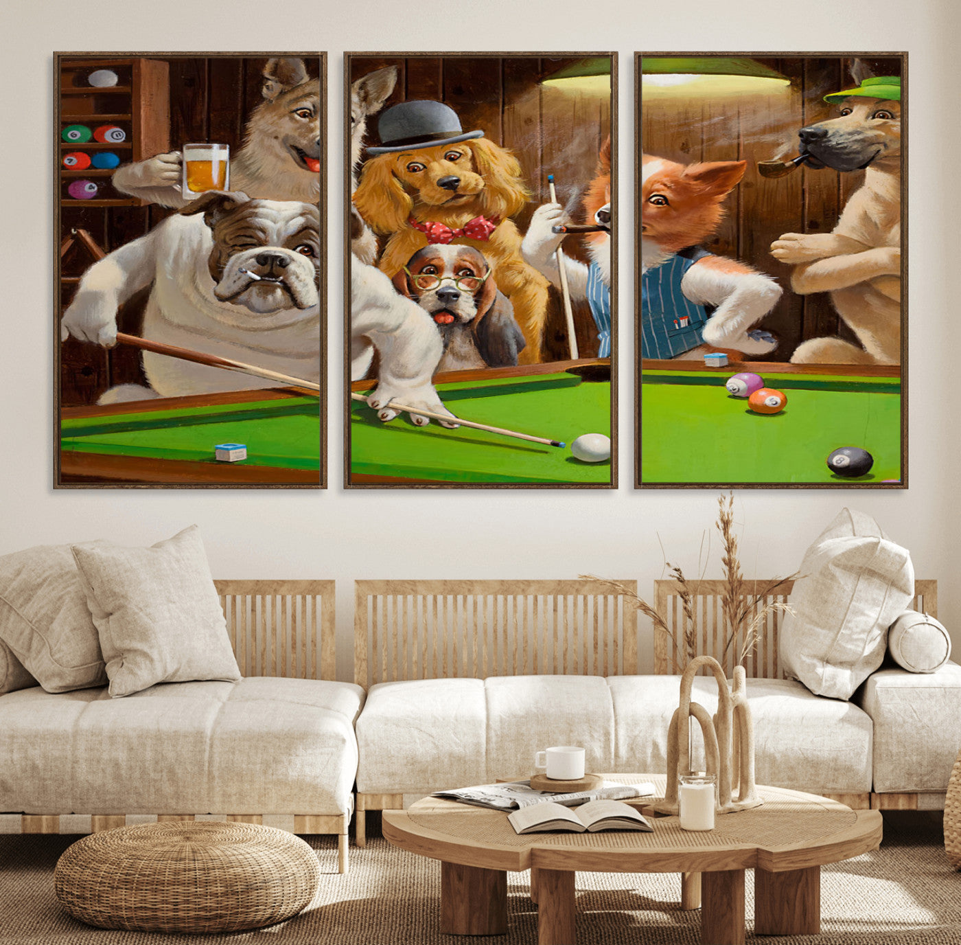 34228-MGV-FC-60X30-3P_Walnut-Dogs Playing Pool Canvas Wall Art Funny Gifts Dog Print