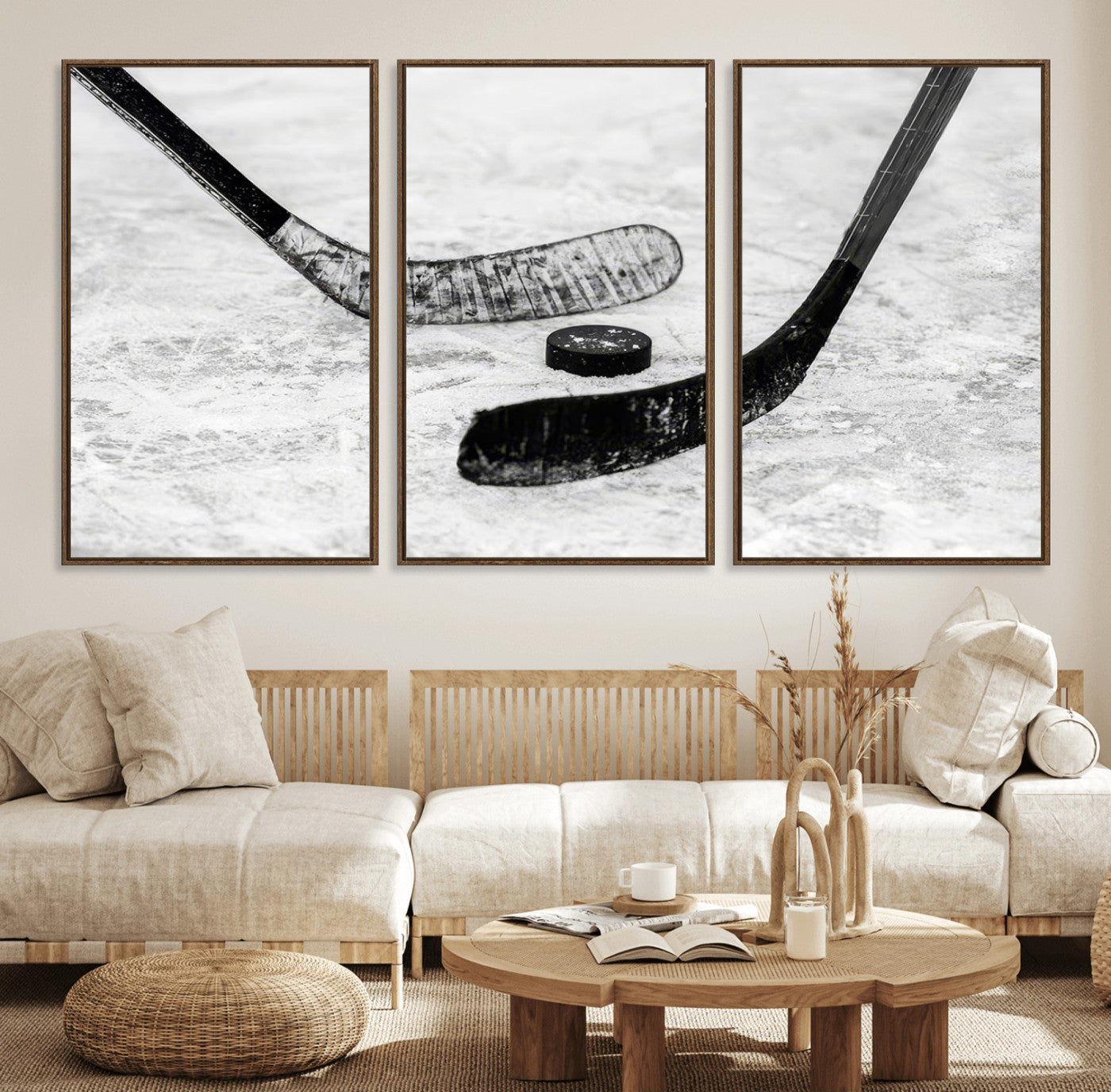 82900-MGV-FC-60X30-3P_Walnut-Winter Ice Hockey Sport Canvas Wall Art Print - Hockey Wall Art Print