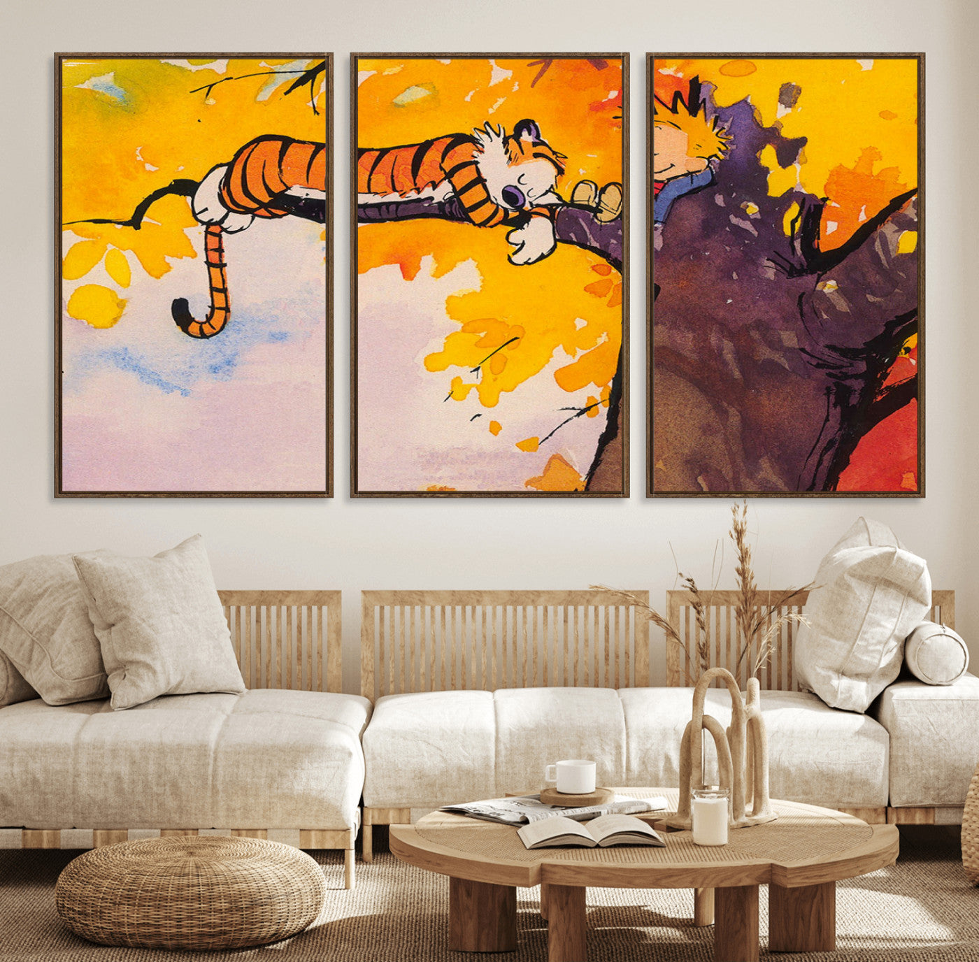 55145-MGV-FC-60X30-3P_Walnut-Calvin and Hobbes Tree Scene Canvas Print | 3 Panel Large Wall Art for Living Room or Kid’s Room,