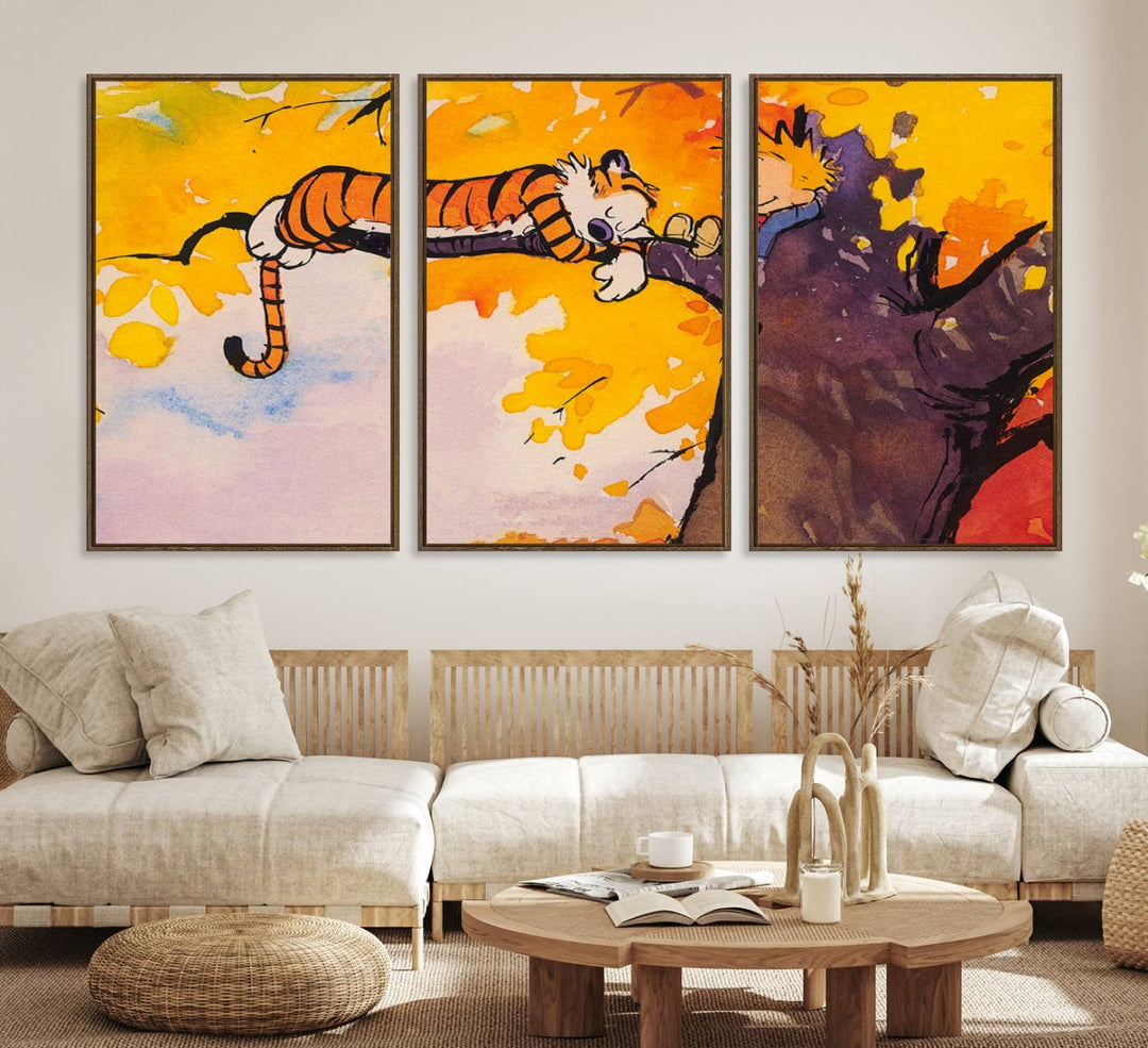 Premium canvas Calvin Wall Arts featuring a boy and tiger relaxing on a branch.