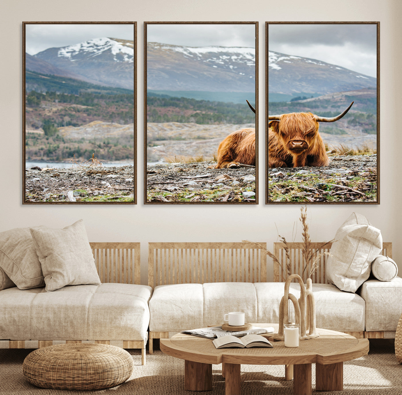 80252-MGV-FC-60X30-3P_Walnut-Highland Cow Horn Farm Wall Art Canvas Print