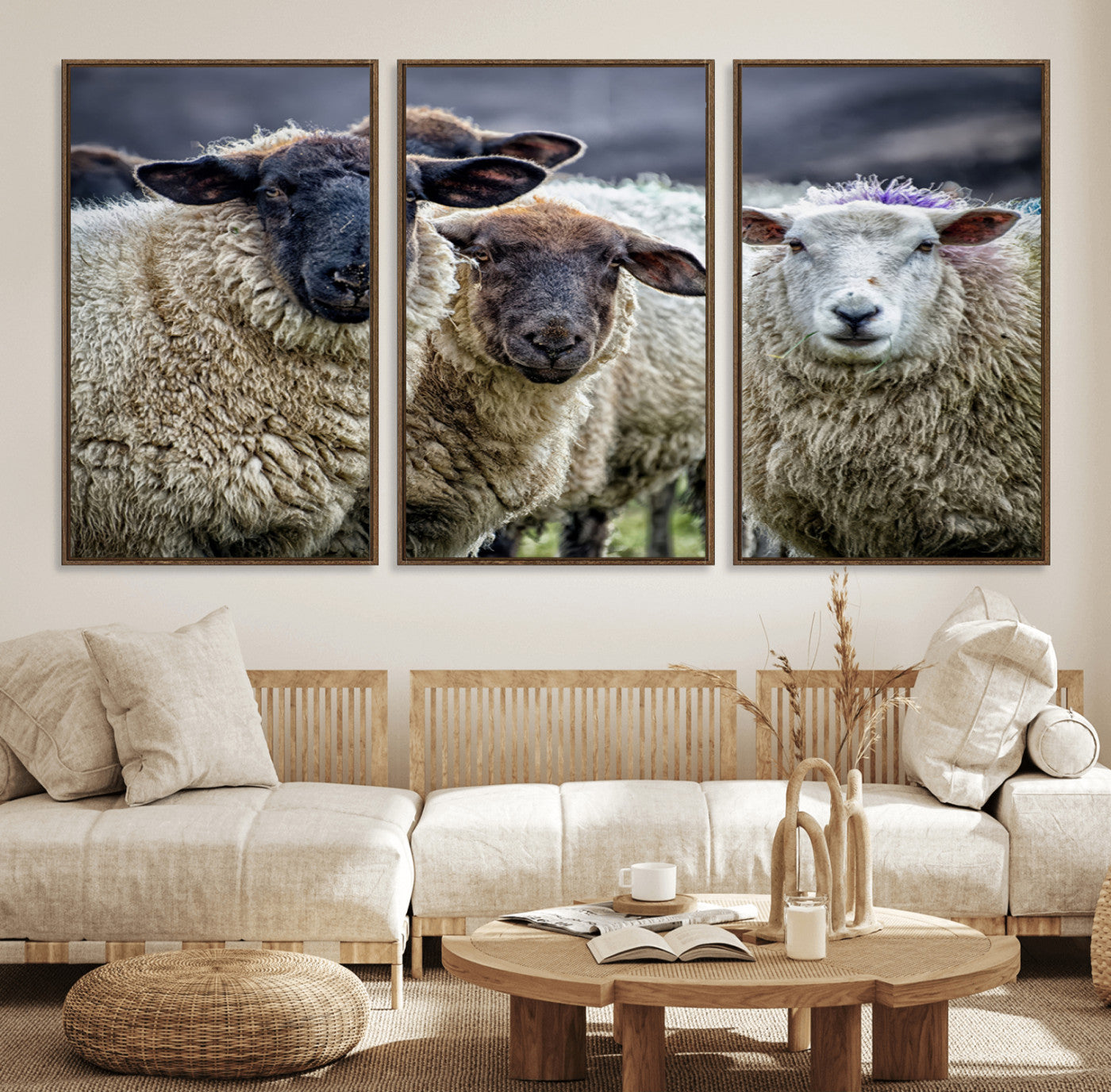 18418-MGV-FC-60X30-3P_Walnut-Charming Sheep Portrait Wall Art – Trio of Woolly Companions Canvas Print, Framed, Ready to Hang