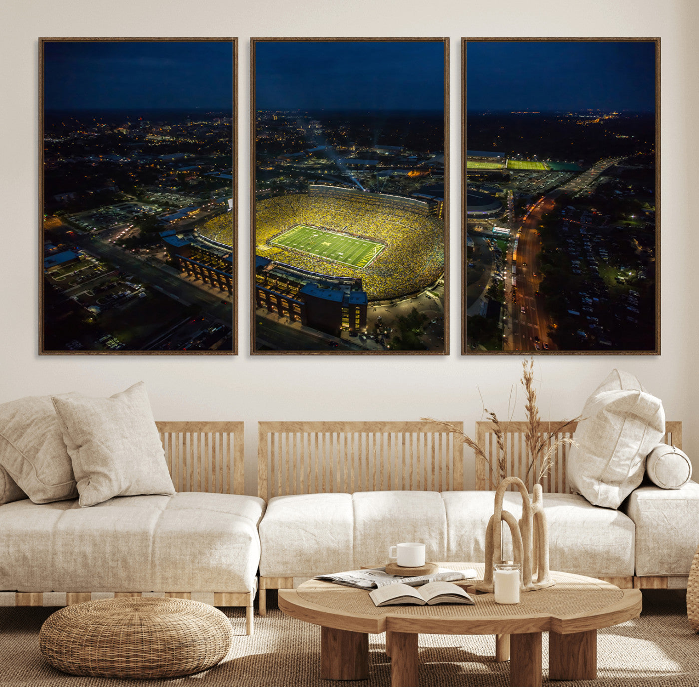 33588-MGV-FC-60X30-3P_Walnut-Michigan Stadium Night Game Wall Art – Sports Arena Aerial View Canvas Print, Framed, Ready to Hang