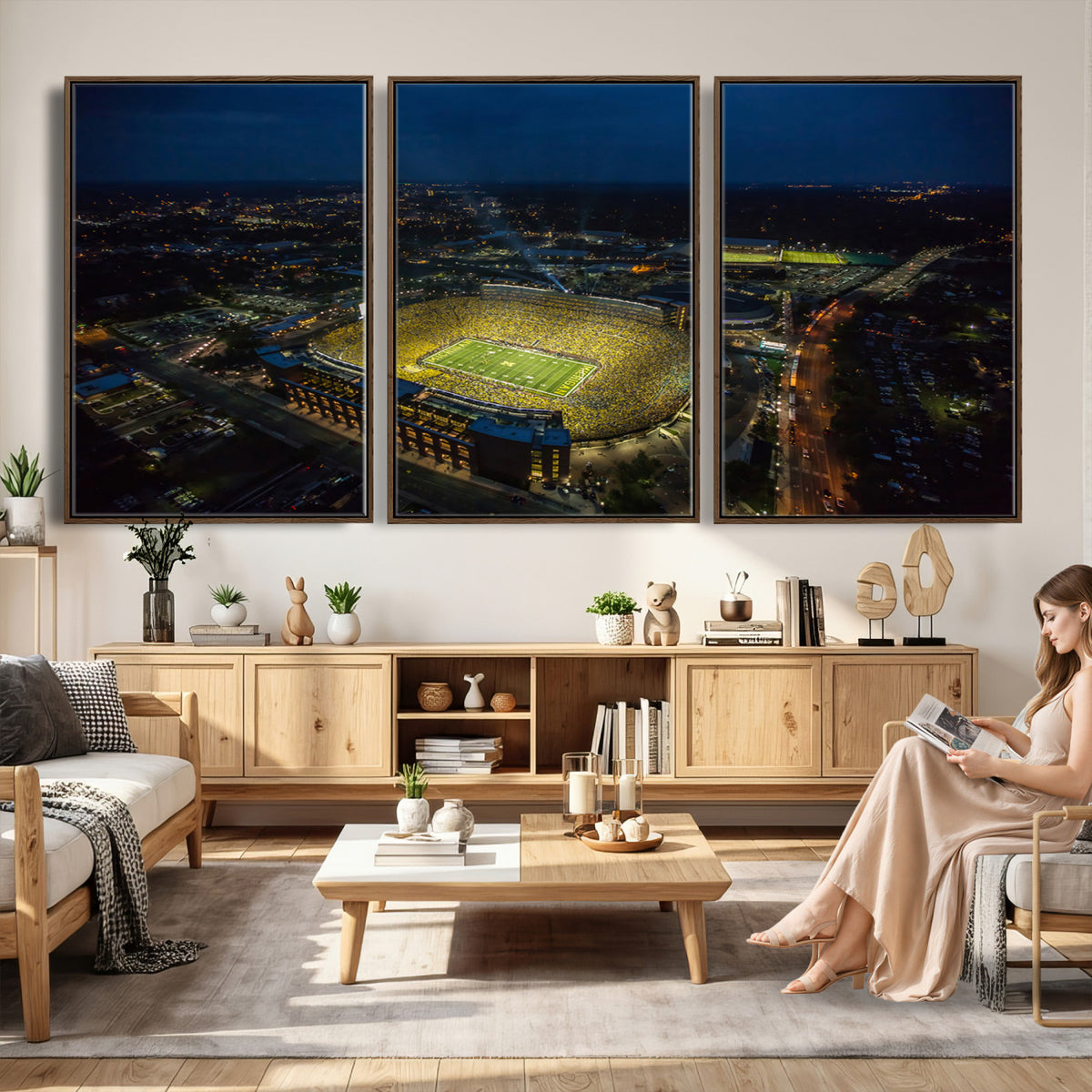 33588-MGV-CV-36X24 - Michigan Stadium Night Game Wall Art | Sports Arena Aerial View Canvas