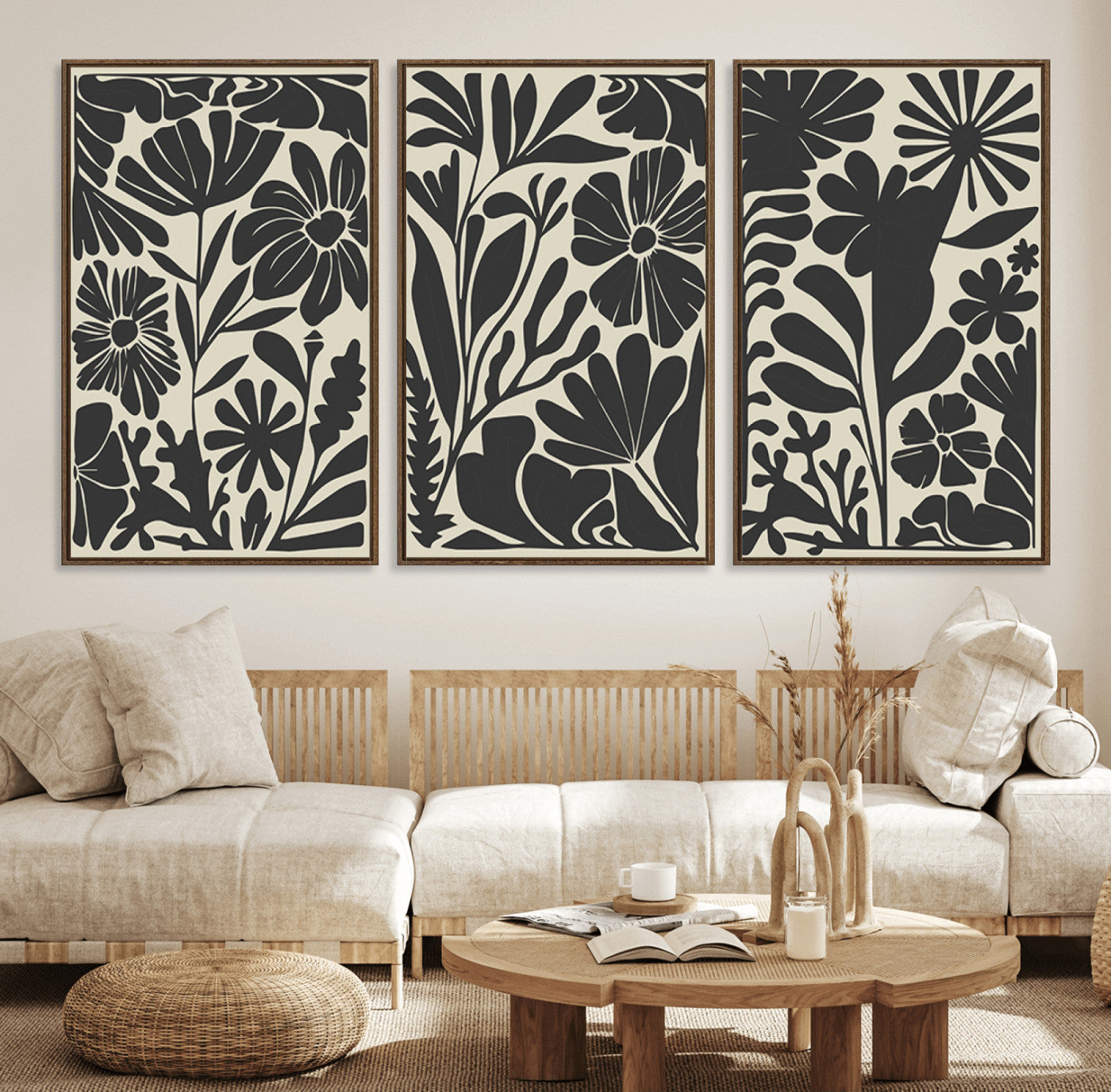 MGV-FC-60X30-3P - Modern Botanical Wall Art - Floral Black and White Canvas Print, Framed, Ready to Hang